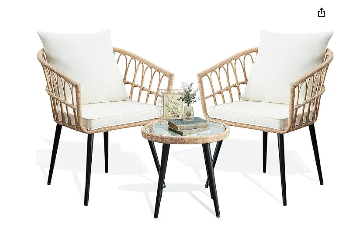 FHFO 3 Piece Patio Bistro Set, Outdoor Wicker Apartment Balcony Furniture Sets, Rattan Table and Chairs Set of 2 for Porch Backyard Lawn Poolside Deck, Beige(3 PCS/Beige)