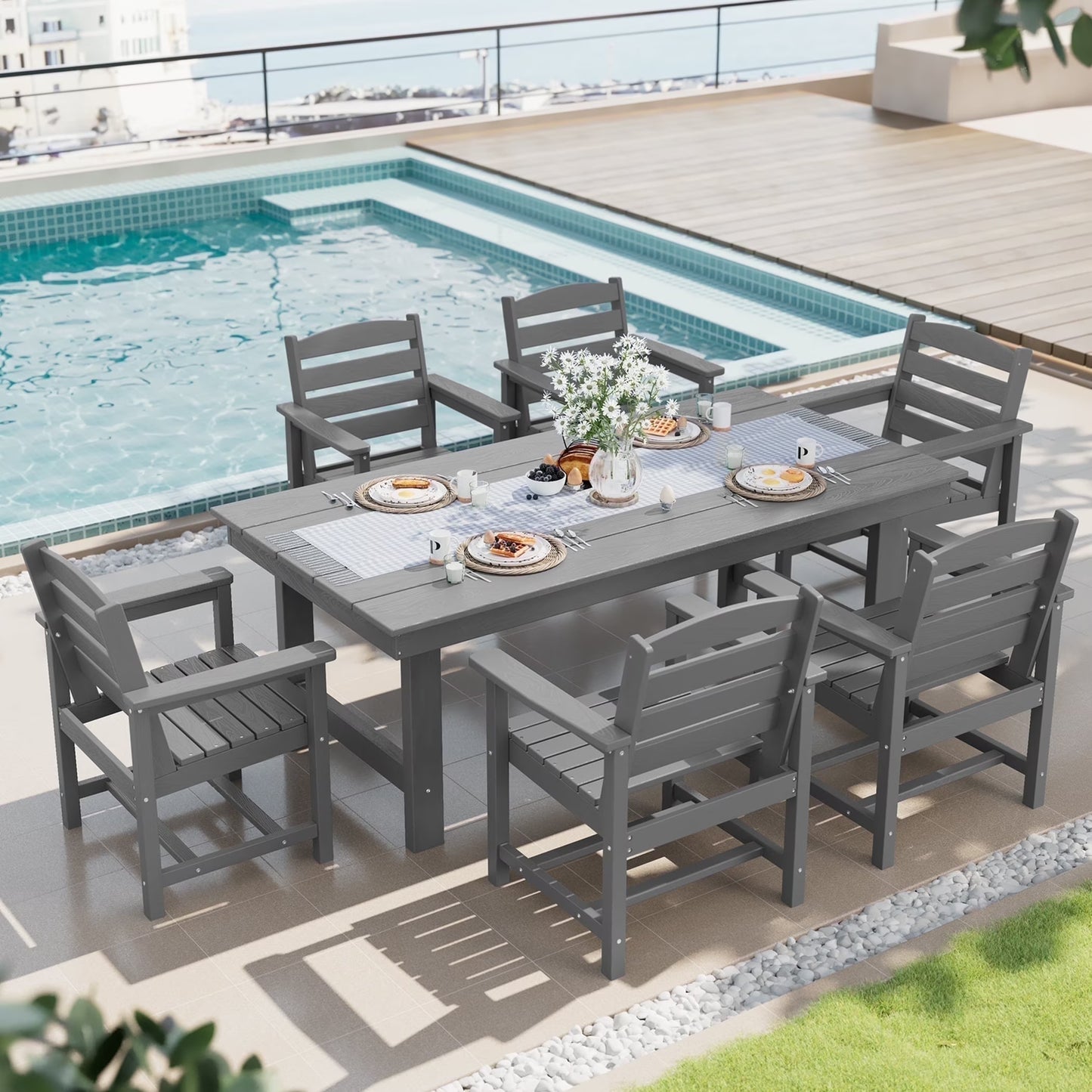 SERWALL Outdoor HDPE Dining Table Set, 7-Piece Outdoor Dining Table Sets with Umbrella Hole, Grey(7/Grey)