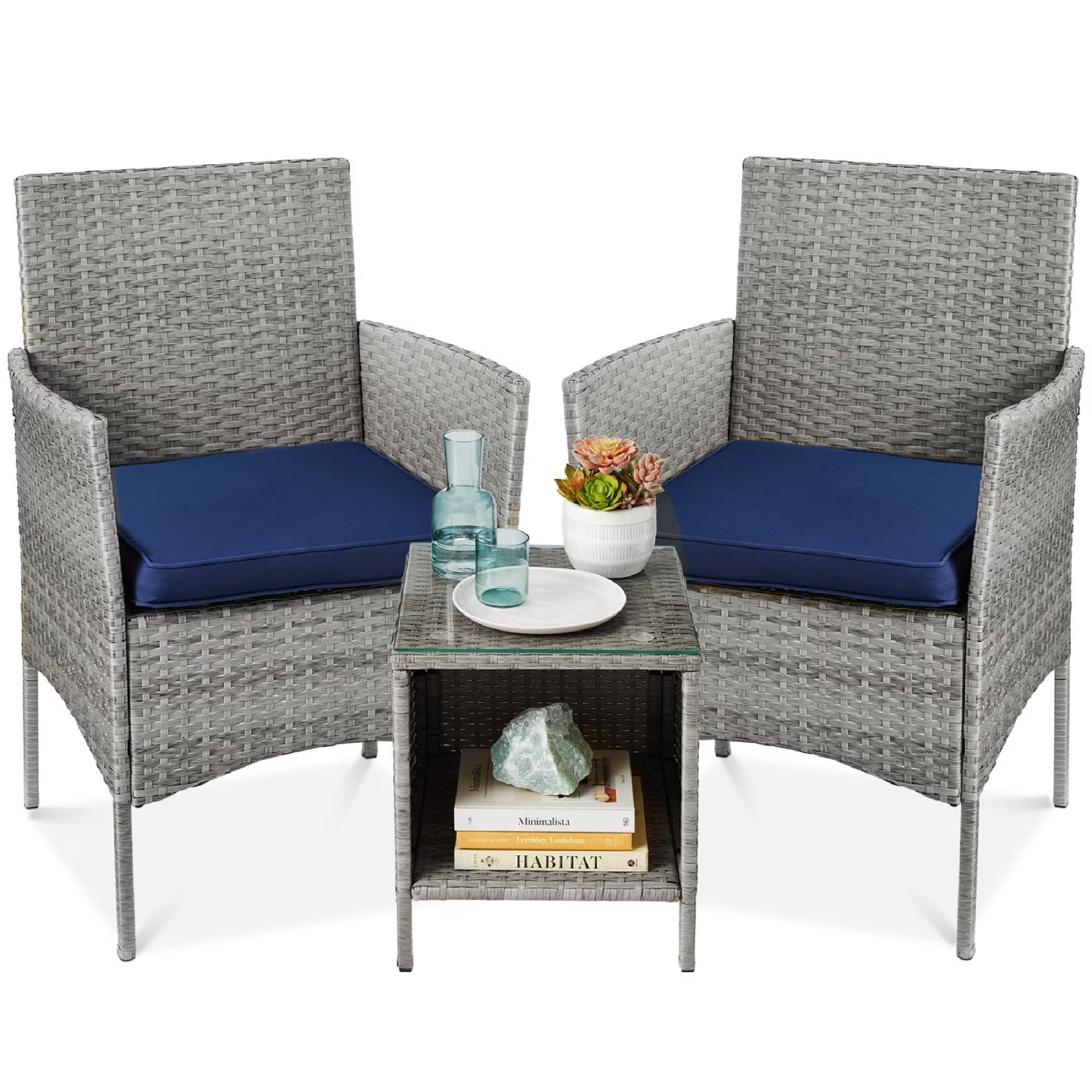 Best Choice Products 3-Piece Outdoor Wicker Conversation Patio Bistro Set, w/ 2 Chairs, Table - Gray/Navy(Gray/Navy)
