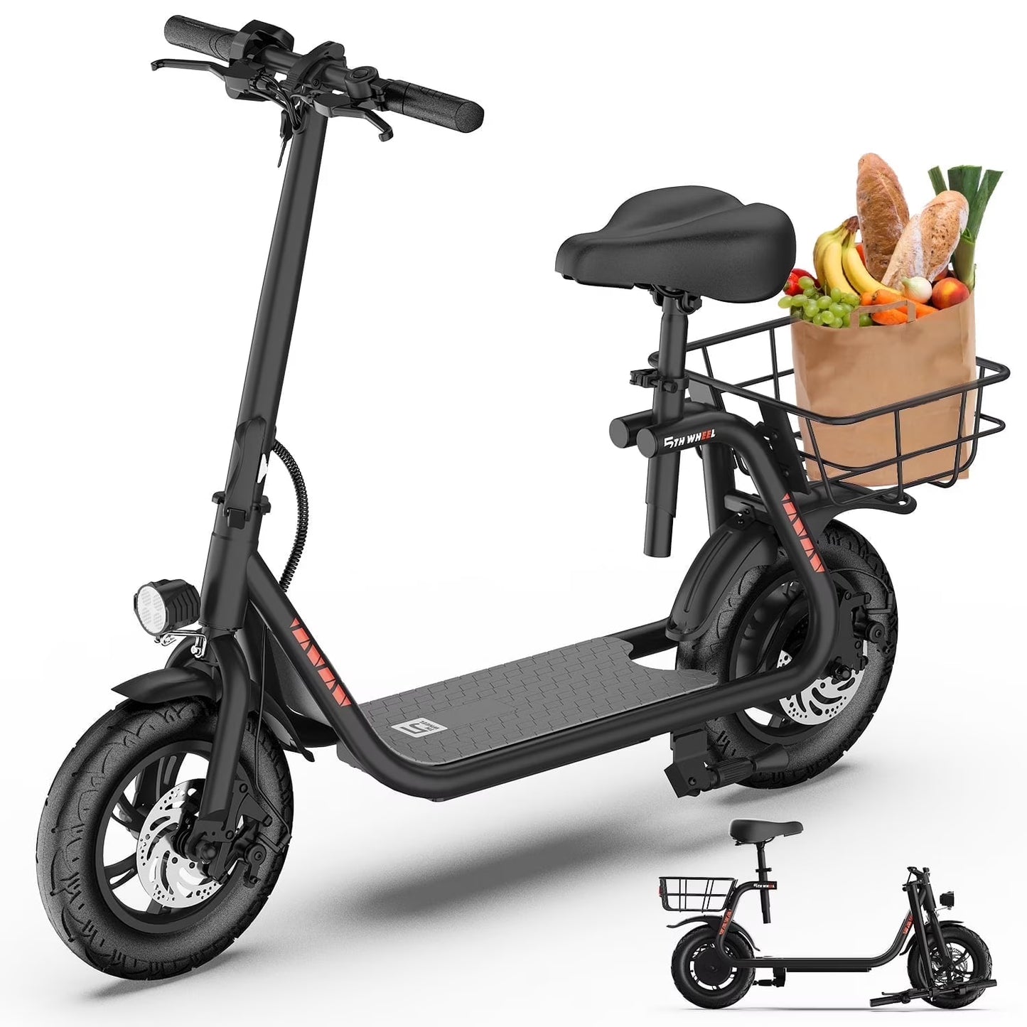 5TH WHEEL W18S 450W Motor Electric Scooter for Adults with Seat and Carry Basket, 36V 20Miles Range 15.5Mph, 12" Foldable E Scooter for Commuting