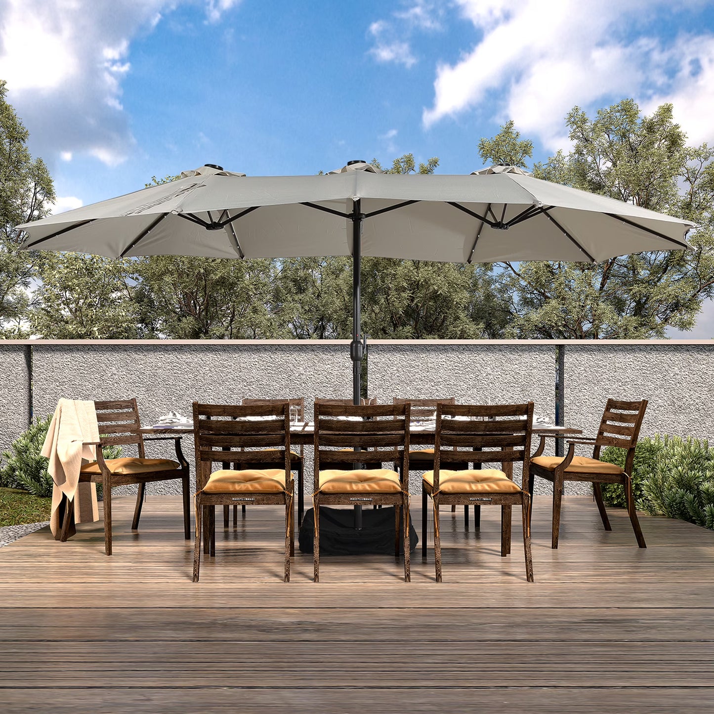 Mondawe 15ft Patio Umbrella Rectangular Outdoor Market Umbrella with Base and LED Lights Beige(With LED Light/Beige)
