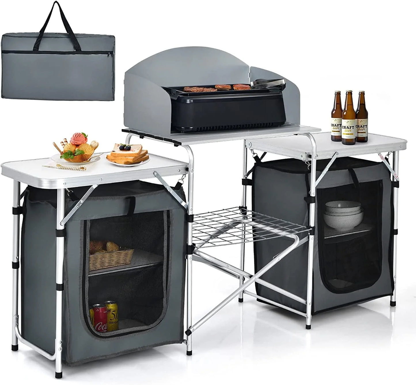 Camping Kitchen Table with Storage, Aluminum Portable Outdoor Cooking Table with Windscreen, Foldable Camp Table Cook Station for BBQ, Grill, Party, Picnics