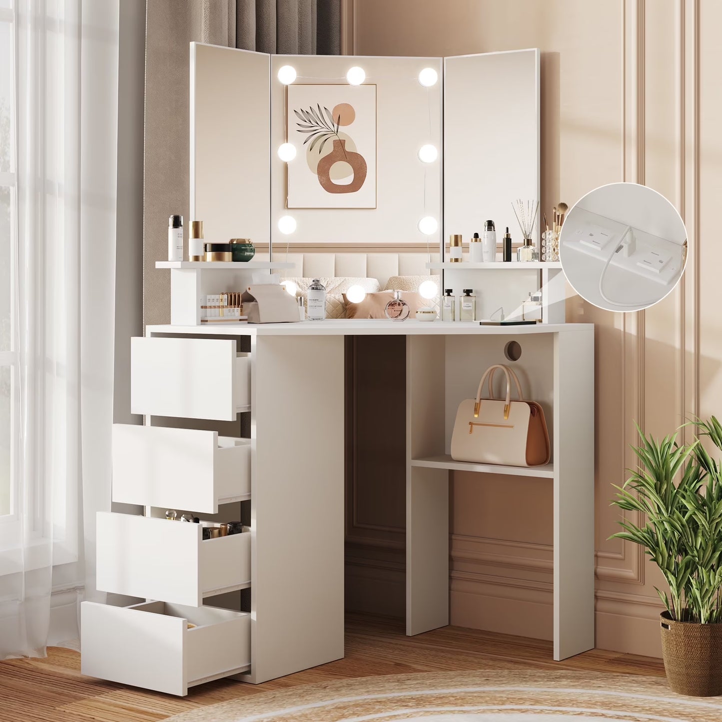 Veanerwood White Corner Vanity Desk with Mirror and Light,Makeup Table with 4 Drawers and Charging Station for Bedroom(White)