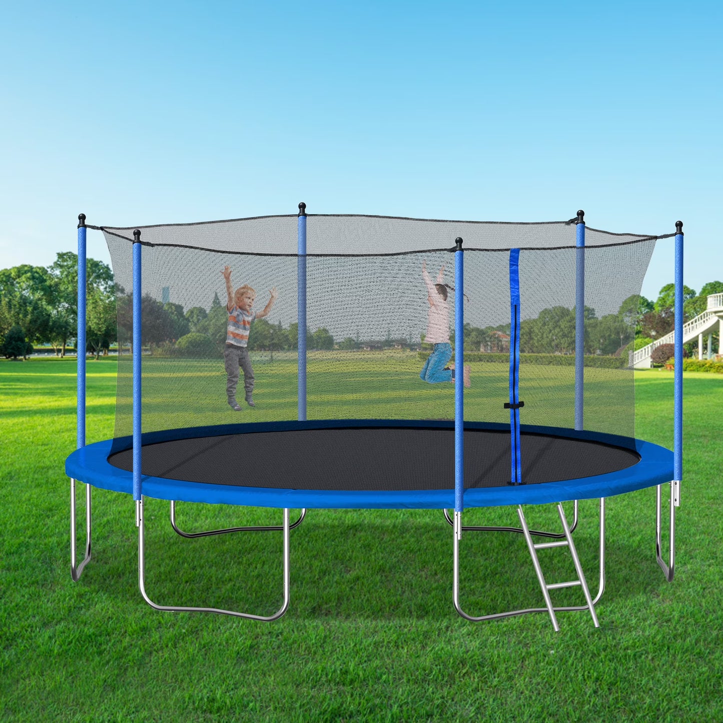 14FT Outdoor Trampoline with Safety Enclosure, Steel Tube Frame, Ladder Secure Net - Heavy Duty, Blue(Round/14'/Blue)