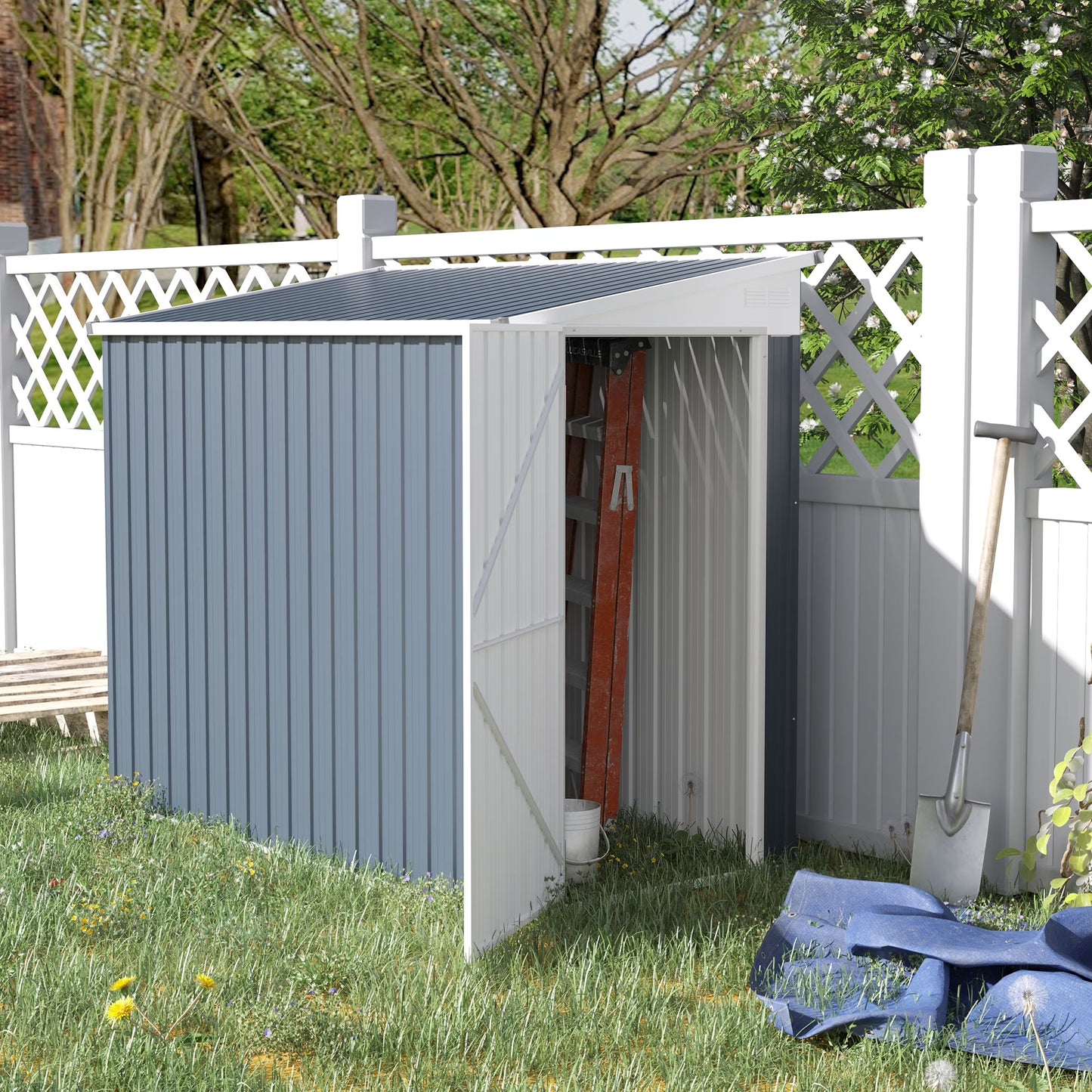 Outsunny 4' x 7.6' Storage Shed, Galvanized, Locking, Gray(4' x 8')