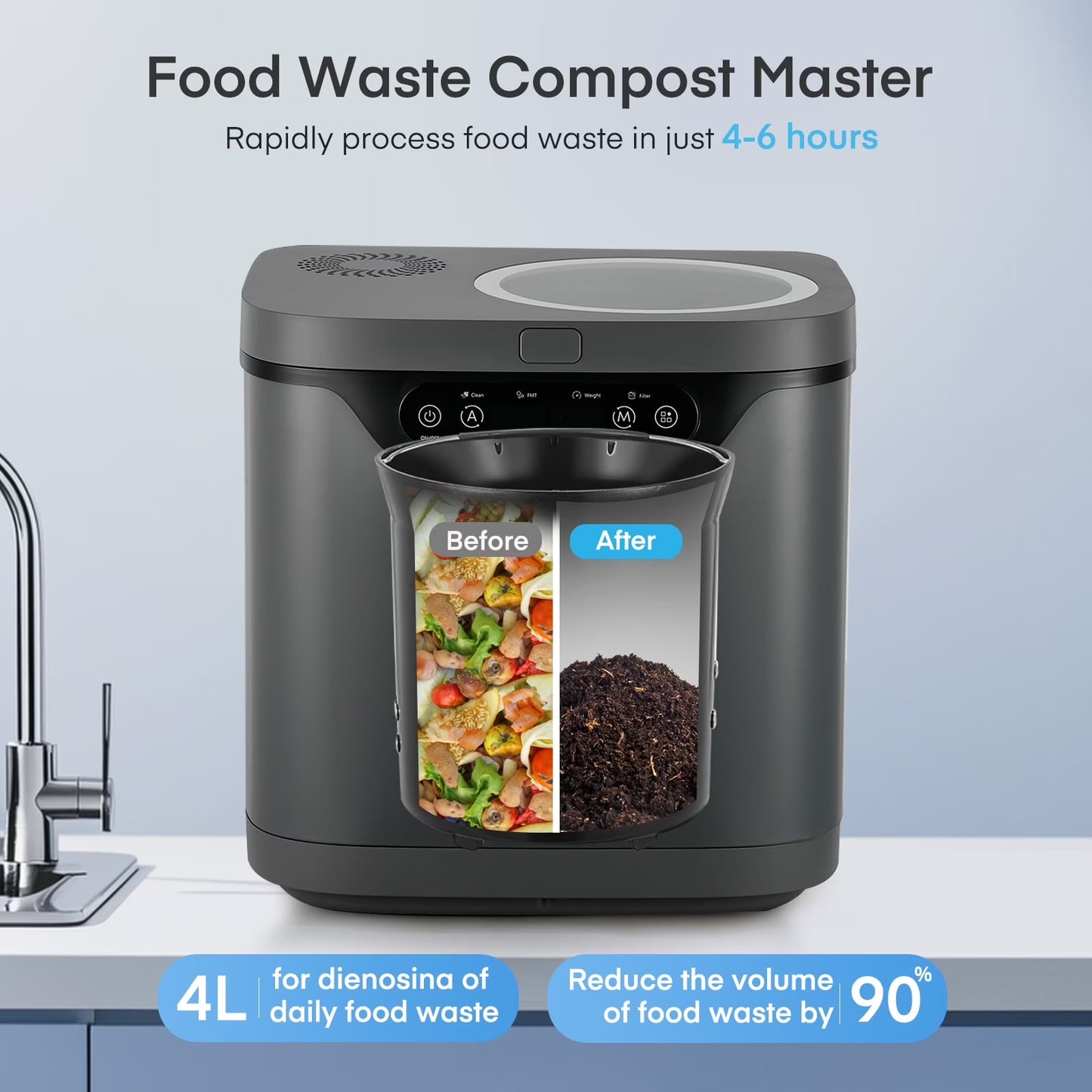 4L Electric Composter for Kitchen, Countertop Compost Bin Indoor with Visible Window, LED Display