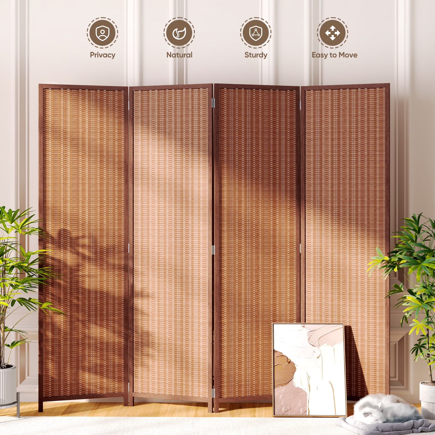 JOSTYLE 4-Panel Room Divider 6ft Tall Extra Wide Folding Privacy Screen with Diamond Double-Weave Divider for Room Separation Freestanding Red Brown(4-panel/Red Brown)