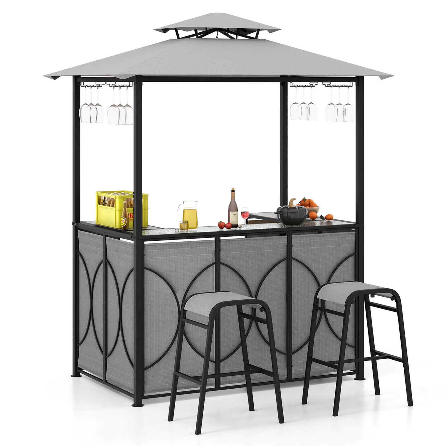 Costway 3 PCS Patio Bar Set with Tempered Glass Bar Table Metal Storage Shelves for Garden Grey(Gray)