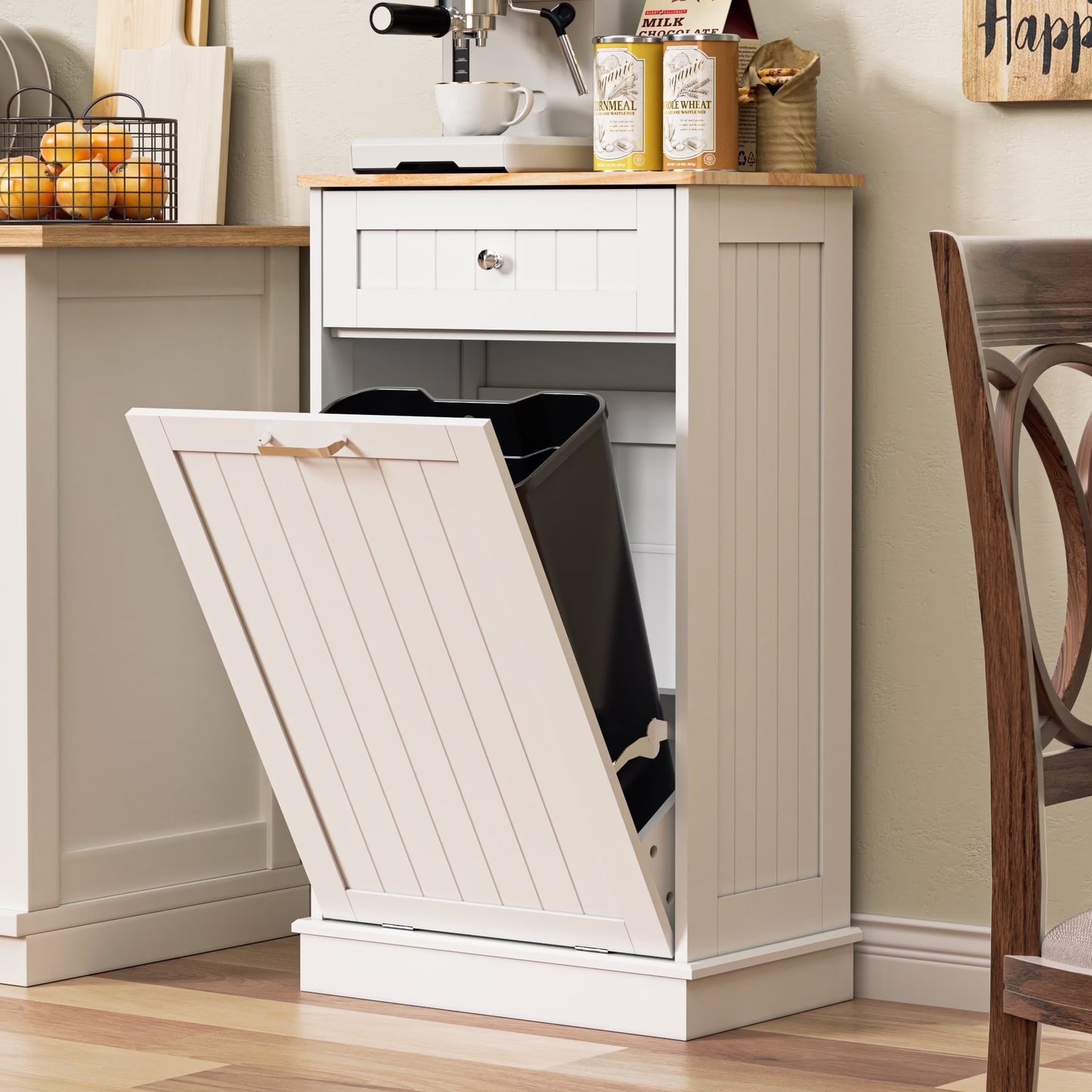 HARIPUL Single Tilt Out Trash Cabinet for 13 Gallon Waste Bin, Free Standing Kitchen Trash Can Cabinet with Drawers, White(White/13 gal)