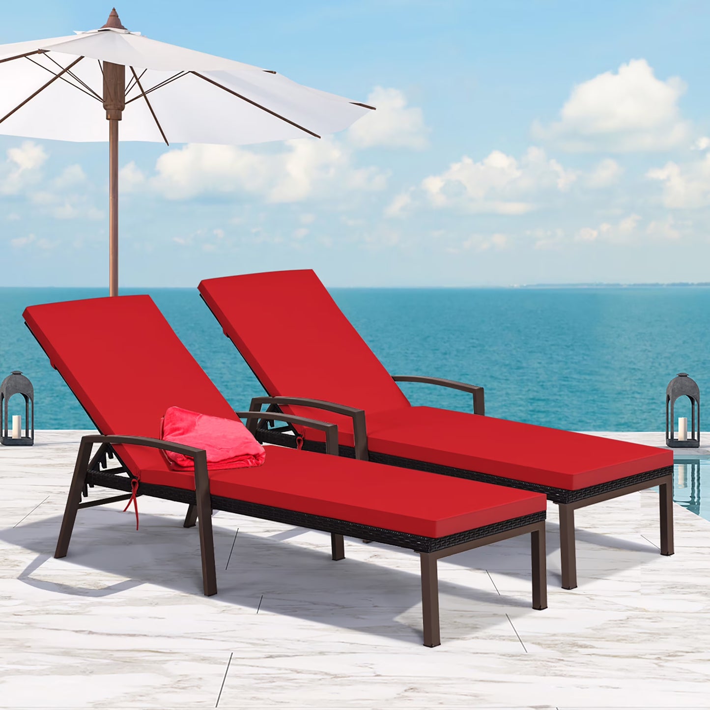 Costway 2PCS Patio Rattan Lounge Chair Chaise Recliner Back Adjustable Cushioned Red(Red)