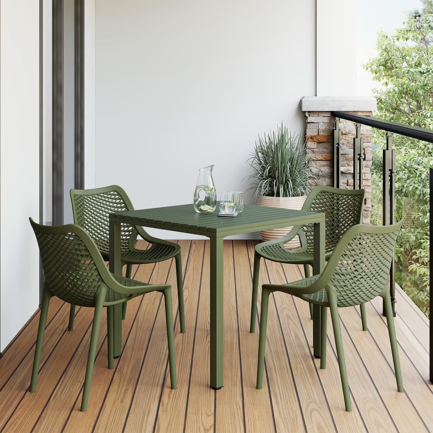 WestinTrends Playa 5-Piece Outdoor Patio Metal Frame Dining Table Set with Stackable Patio Dining Chairs, Olive Green(Olive Green)