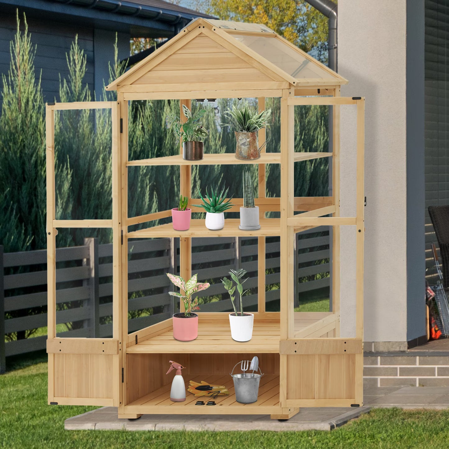 MCombo Cold Frame Greenhouse, 3 tier Wooden Greenhouse Cabinet with Adjustable Shelf, Garden Cold Frame Shed for Outdoor Indoor Use, 0847(Natural)