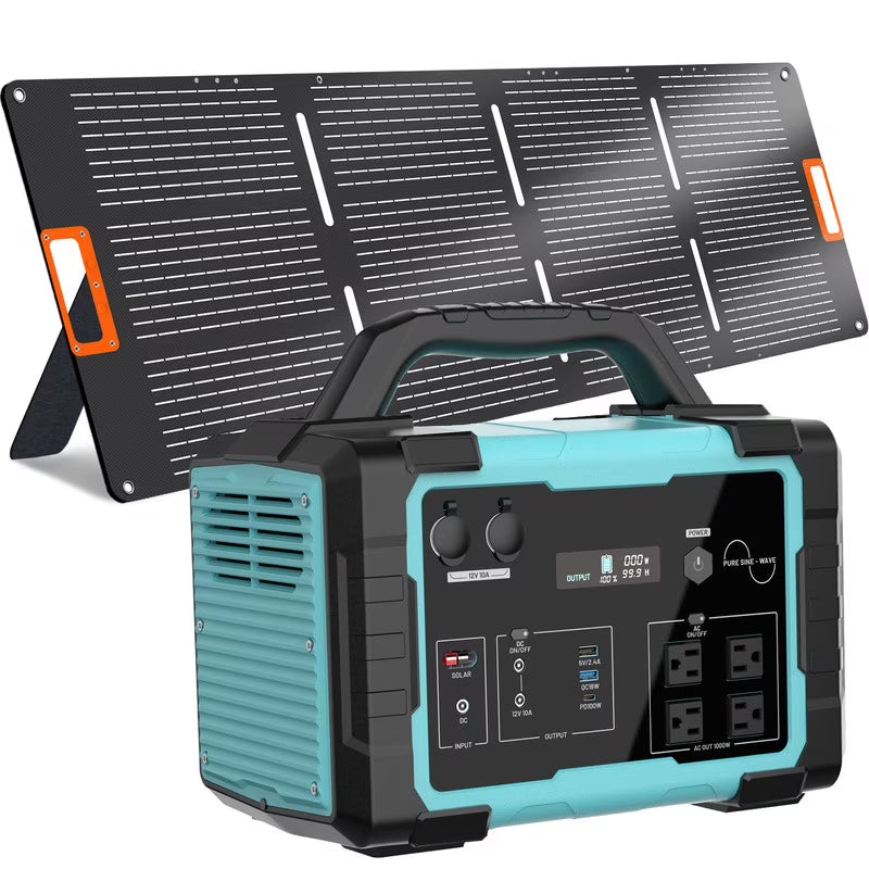 1000W Portable Solar Generator, 1024Wh LiFePO4 Battery Power Station with 100W Solar Panel, USB-C Power Bank for for Camping, Outdoor Travel, RV, and Home Emergency-Blue