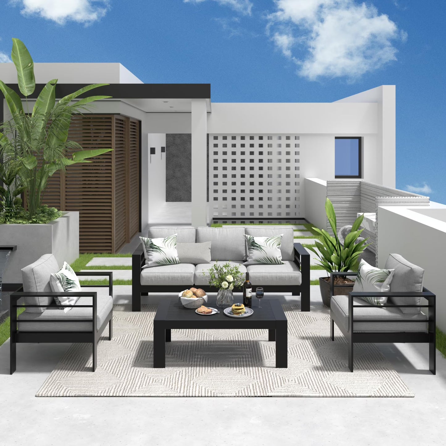 CozyHom 5 Pcs Outdoor Patio Aluminum Furniture Sofa Sets, Outside Patio Conversation Couch Sets With TableCushions for Garden Porch, Gray(5-person sofa set/Black Light Gray)