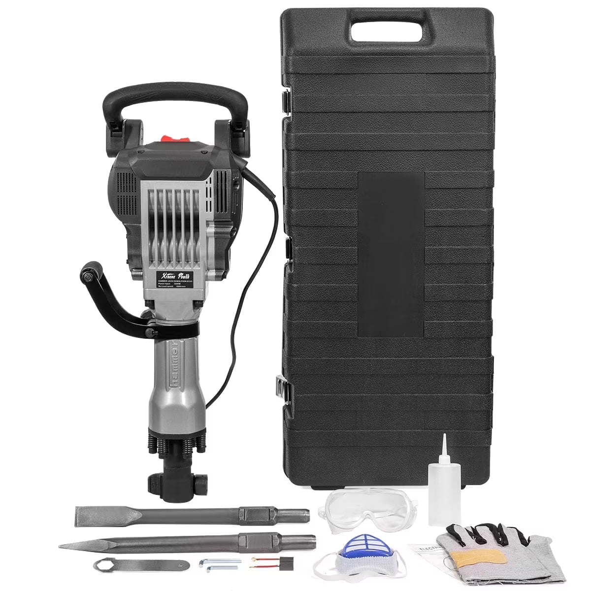 XtremepowerUS Demolition Jack Hammer Heavy Duty, 3600W Electric Jackhammer 1900BPM Power Drill Concrete Breaker Bar Point Chisel Bits Chisel Set(3600W)