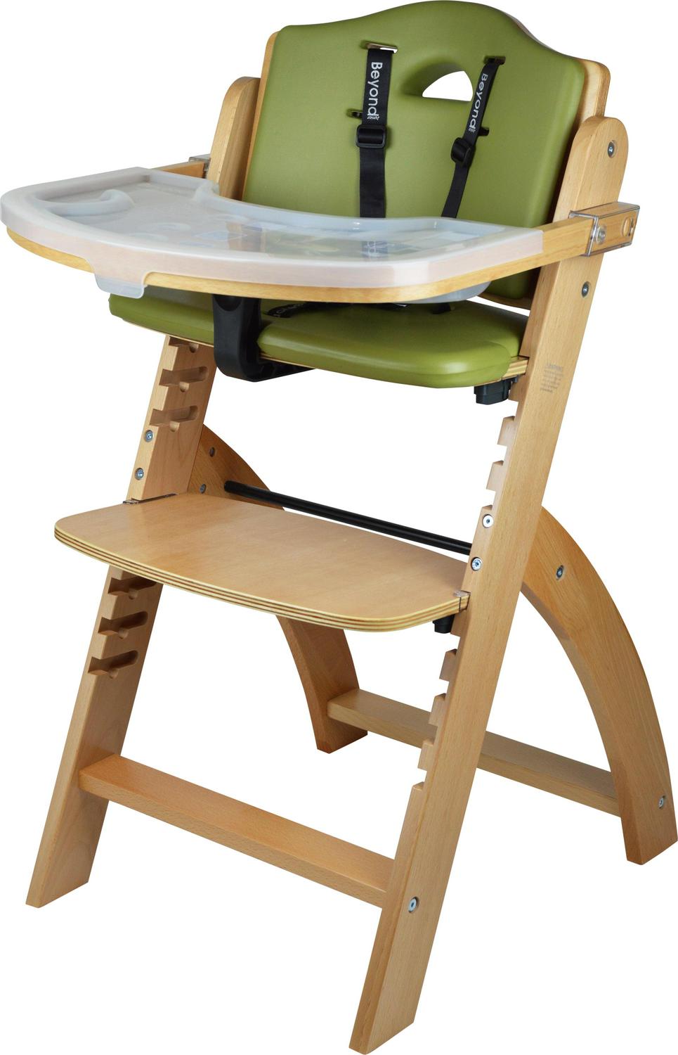 Abiie Beyond Wooden High Chair with Tray. The Perfect Adjustable Baby Highchair Solution for Your Babies Toddlers or as a Dining Chair. (6 Months up to 250 Lb) (Natural Wood - Olive Cushion)