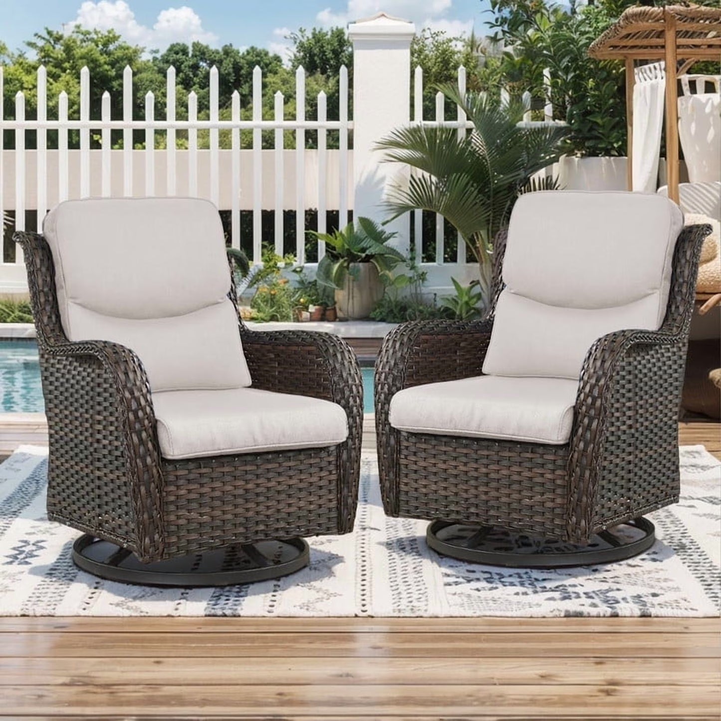 POCASSY Patio Swivel Chairs, Outdoor Wicker Swivel Glider Rocking Chairs with High Back and Thick Cushions for Porch Deck - Set of 2, Beige(Beige/Brown Wicker/2 Pack)