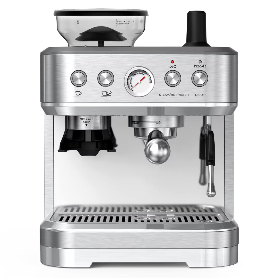 Espresso Machine with Milk Frother and Grinder, 2.5L Water Tank, Brushed Stainless Steel