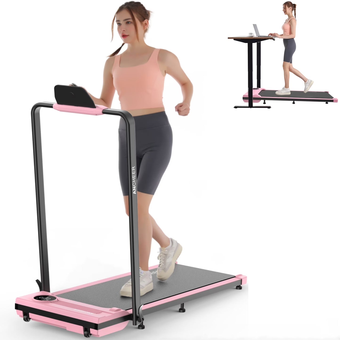 ANCHEER Portable Folding Walking Pad 300lb, 7.5 MPH Under Desk Treadmill with Remote Control LED Display,2 in 1 Walking Pad Treadmill for Home/Office/Exercise(Pink)(Pink)