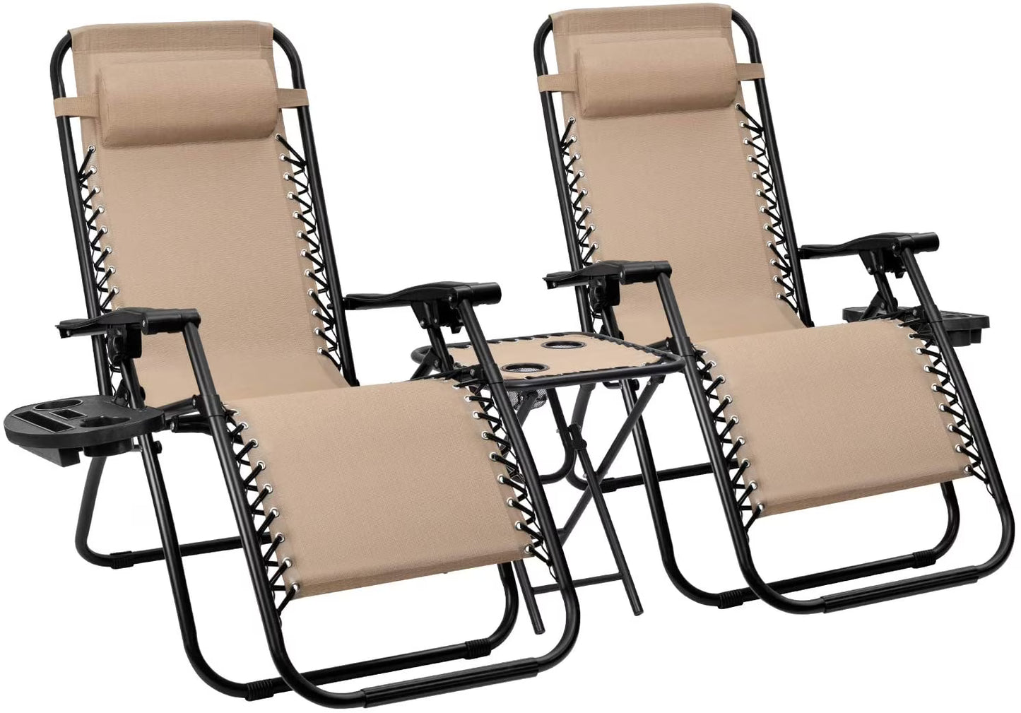 Vineego 3 Pieces Zero Gravity Chair Patio Foldable Chaise Lounge Chairs 2 Beach Chairs and Table with Cup Holders,Beige(Beige)