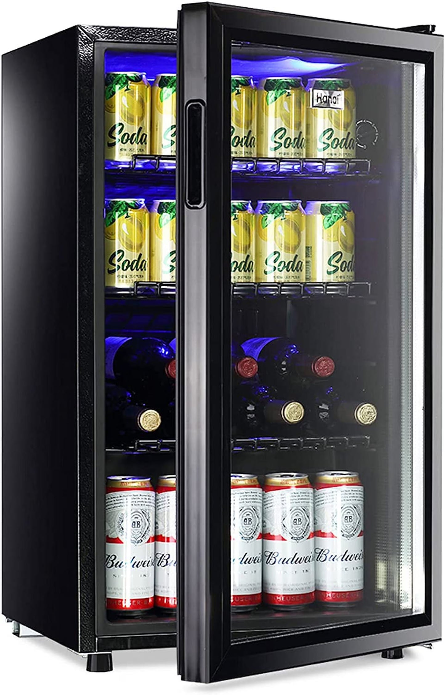 WANAI Compact Beverage Refrigerator, 100 Can Capacity, Glass Door, Black Stainless Steel(3.2 cu ft)