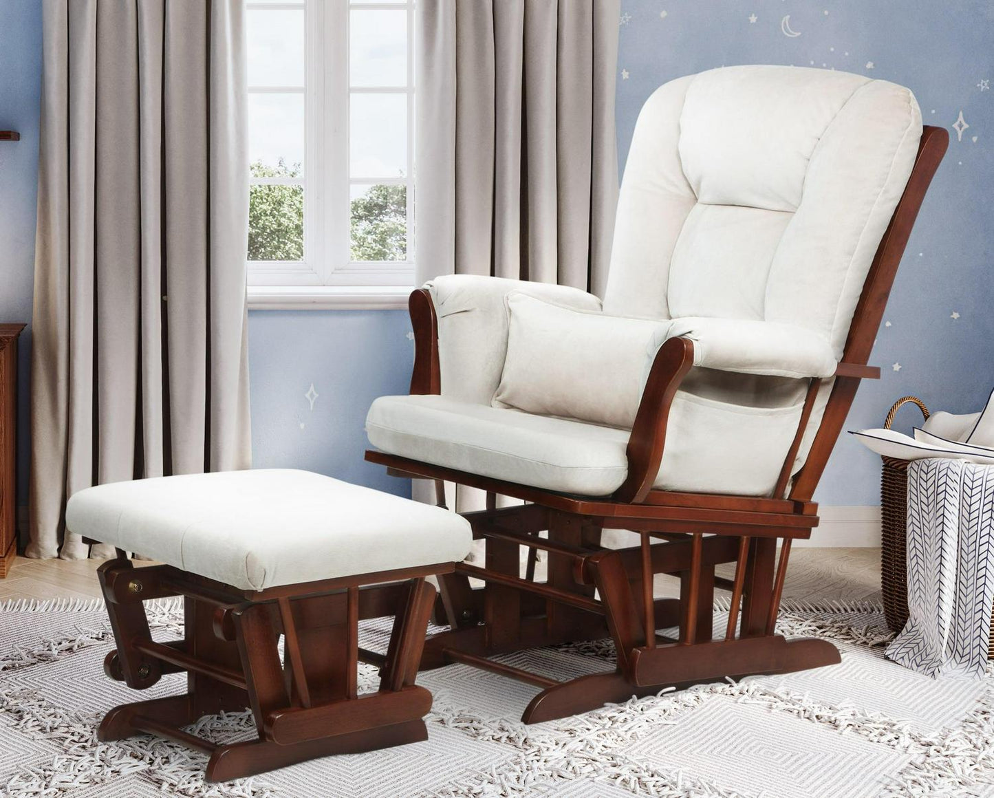 AFG Alice Glider and Ottoman with Pillow. Espresso Finish with Beige Cushions