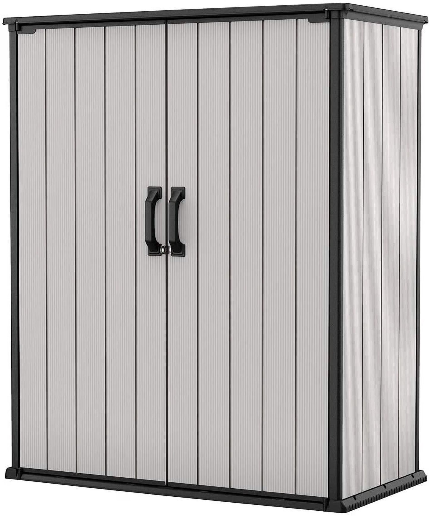 Keter Premier Tall Vertical Durable Resin Outdoor Storage Shed With Floor and Locking Double Doors, Grey(62. 05 cubic foot)
