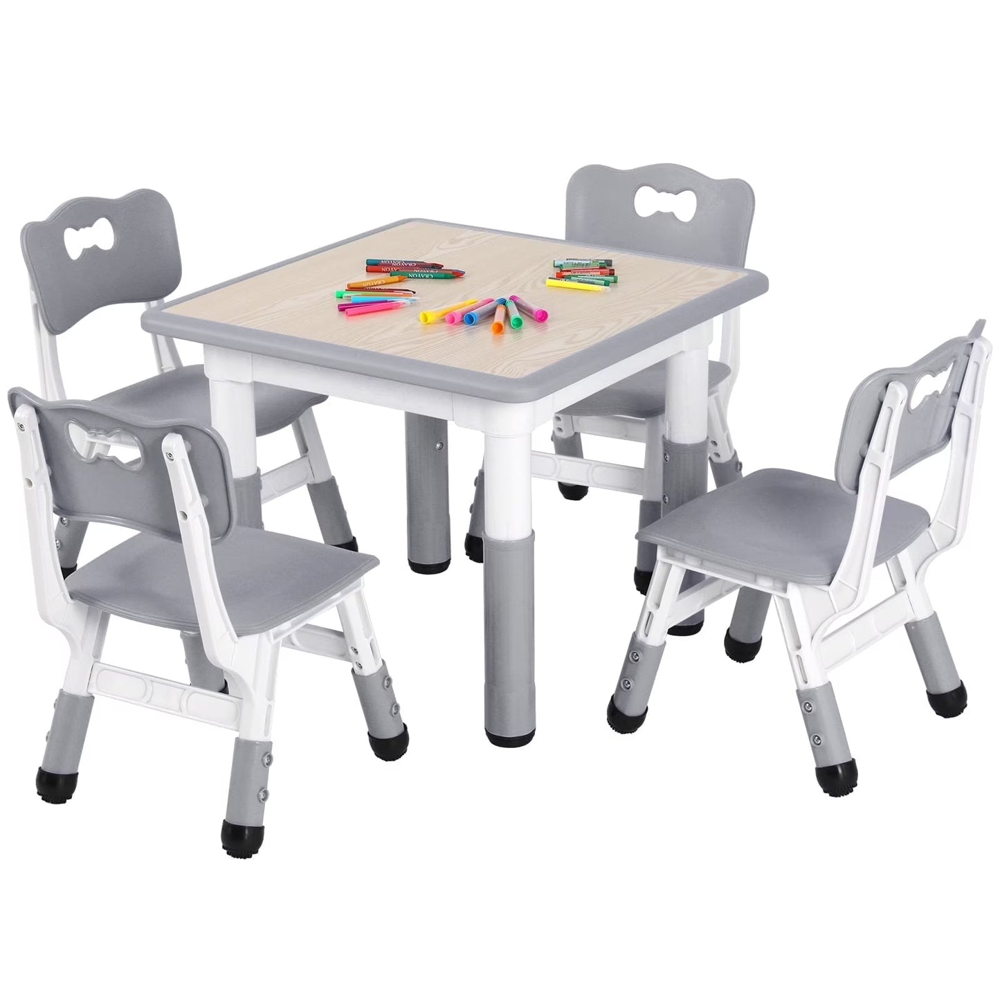 Arlopu 5 Pcs Kids Table and Chairs Set, Height Adjustable, Toddlers Activity Table 4 Chairs Set for Study, Grey