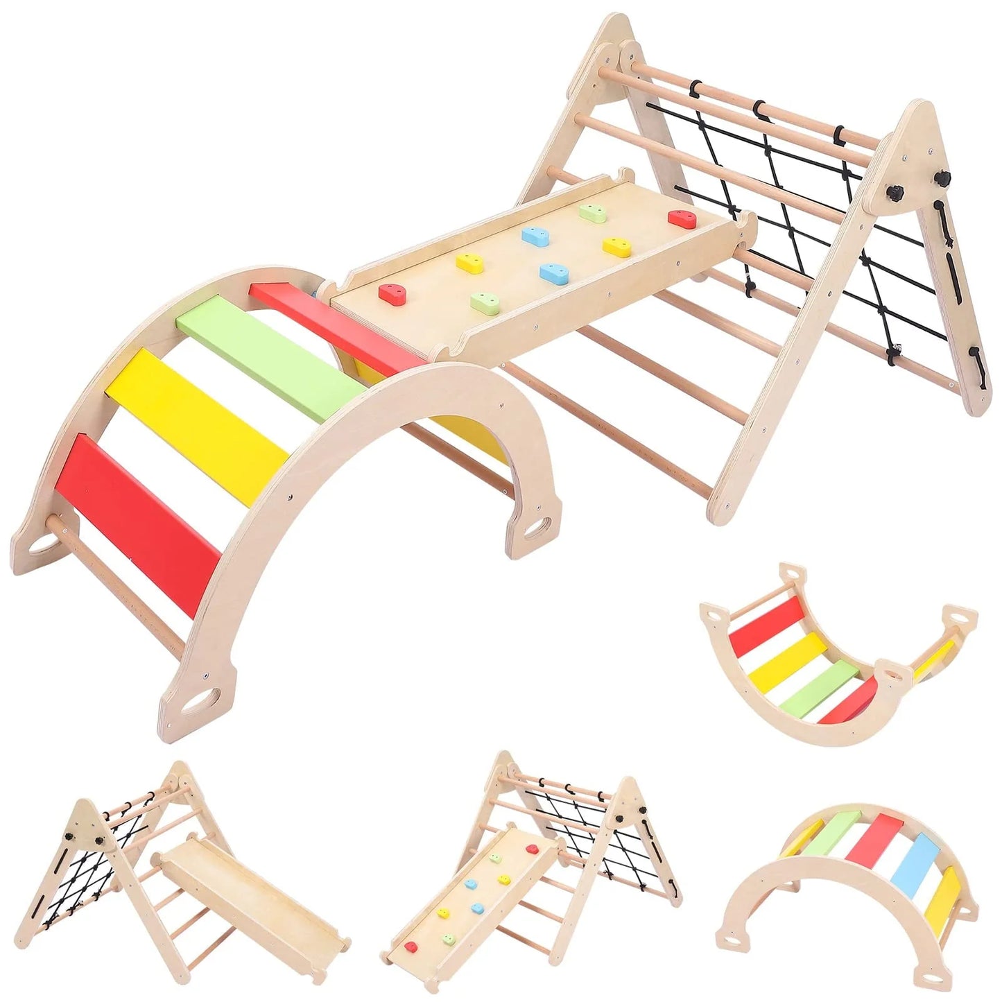 GymChoice Toddler Indoor Gym Playset,4 In 1 Pikler Triangle Gym,Foldable Climber with Ramp, Indoor Climbing Toys for Kids, Climbing Triangle for Toddlers Arch Climber, Rocker, 18M+
