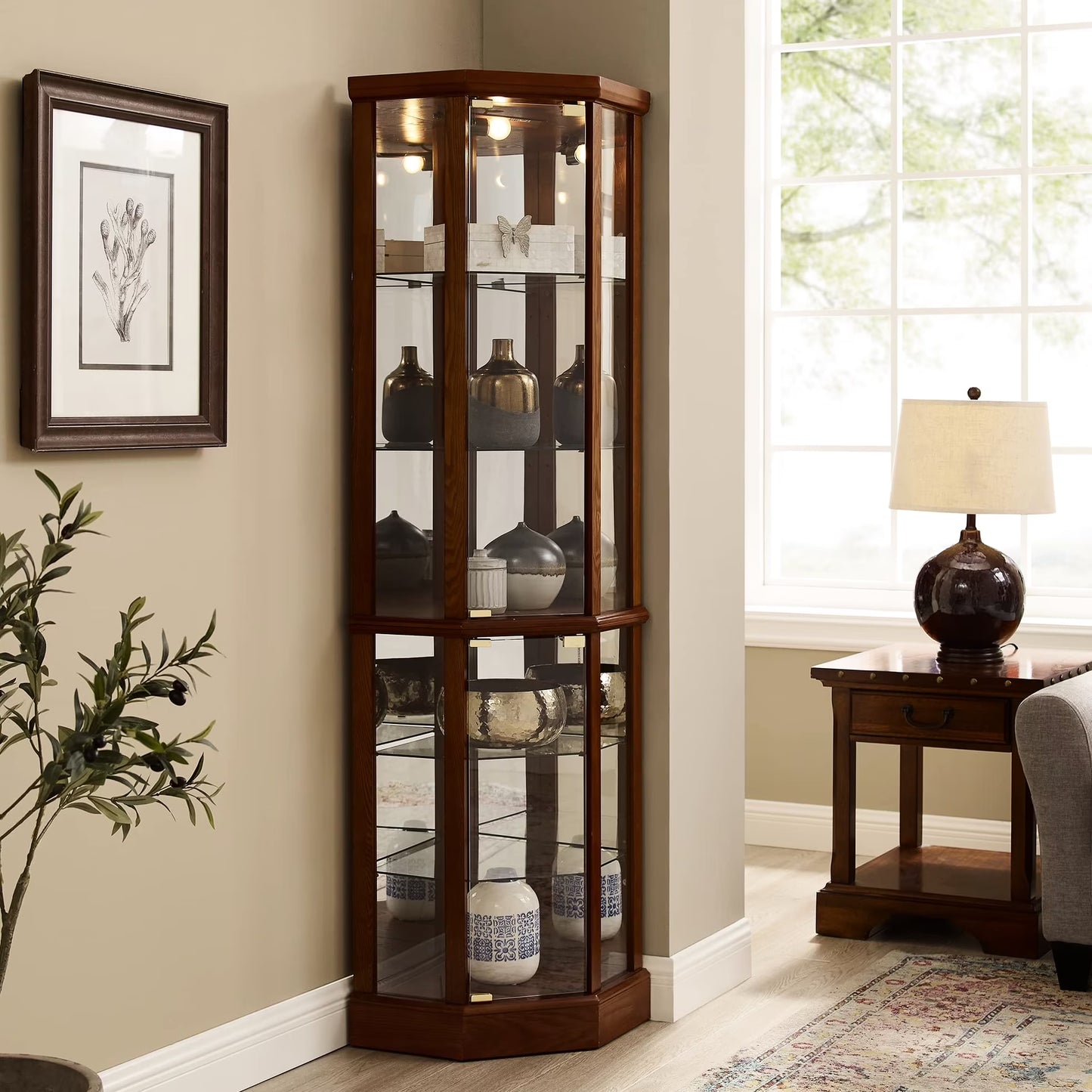 Walnut Cabinet With 6 Shelves, Adjustable Glass Mirrored Back Design Shelf Lighted Corner Curio Shelves In(Walnut)