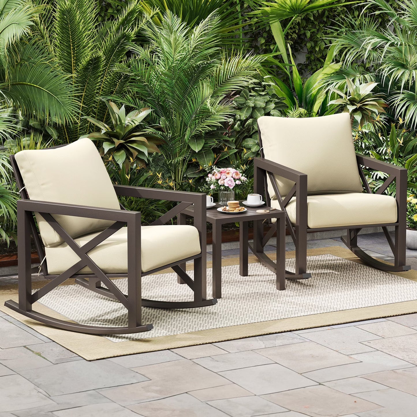 MRUAKA Rocking Chair Bistro Set,3 Piece Outdoor Patio Furniture Set with 2 Rockers and 1 Metal Coffee Table with Thick Cushions for Porch,Backyard,Poolside,Beige(Beige)