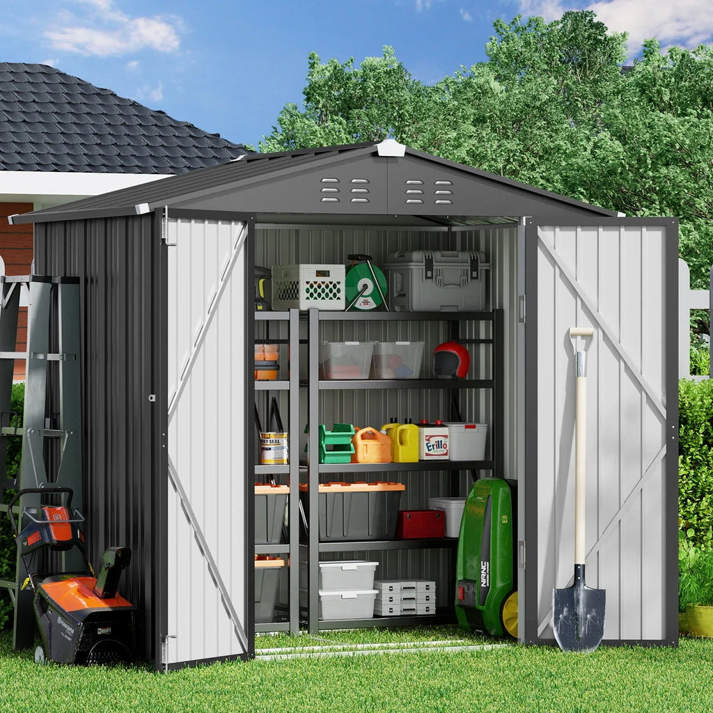 Aiho 8 x 6 FT Outdoor Storage Shed on Clearance with Metal Base  Frame and Double Lockable Doors for Garden, Patio - Gray(6' x 4'/Brown)