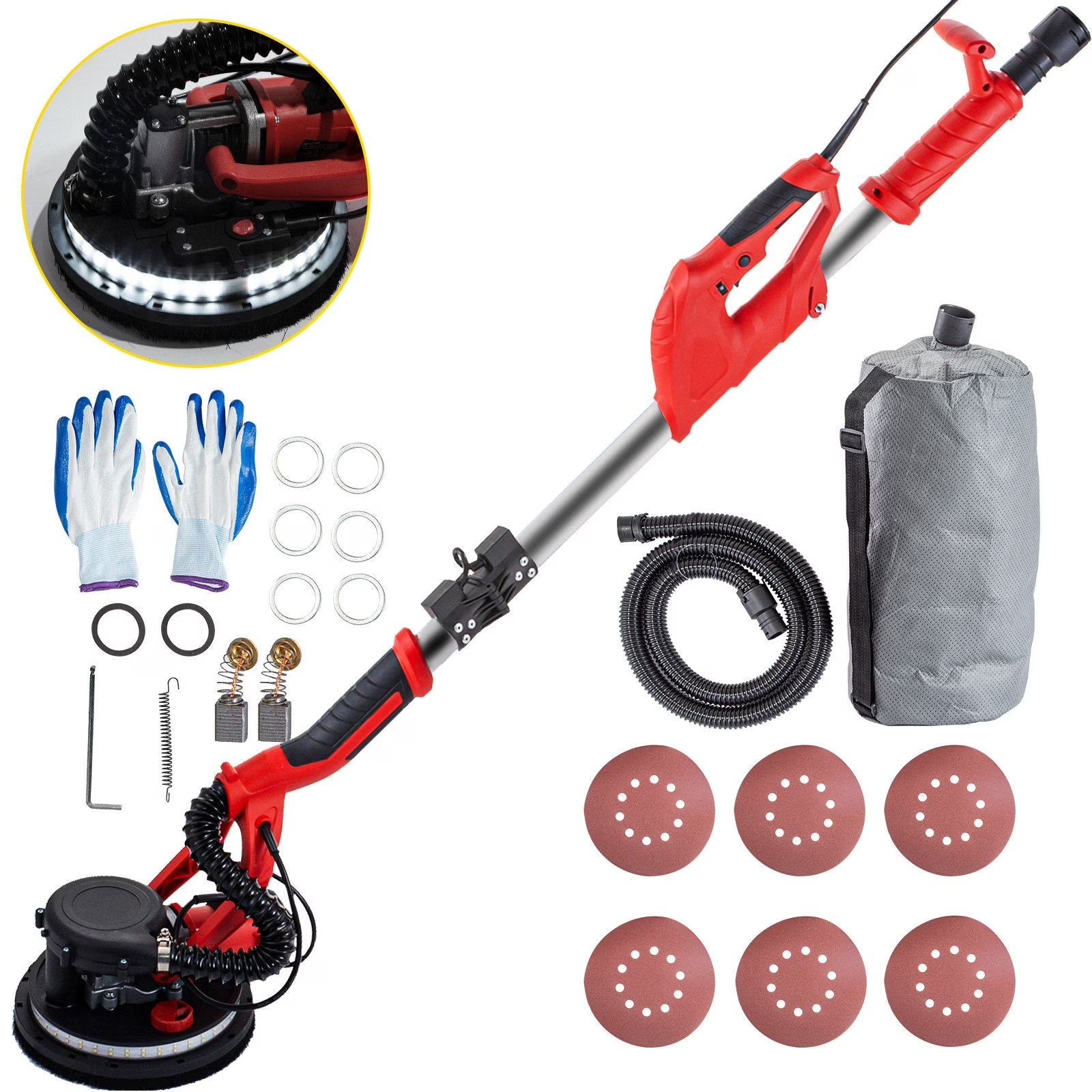 Drywall Sander 850W, Electric Drywall Sander, Electric Sander, with LED Strip Light and Vacuum Bag, Variable Speed 800-1750 RPM, Foldable Sheetrock Sander, with Telescope Handle, Wall Sander(Red - 850W with LED Strip Light)