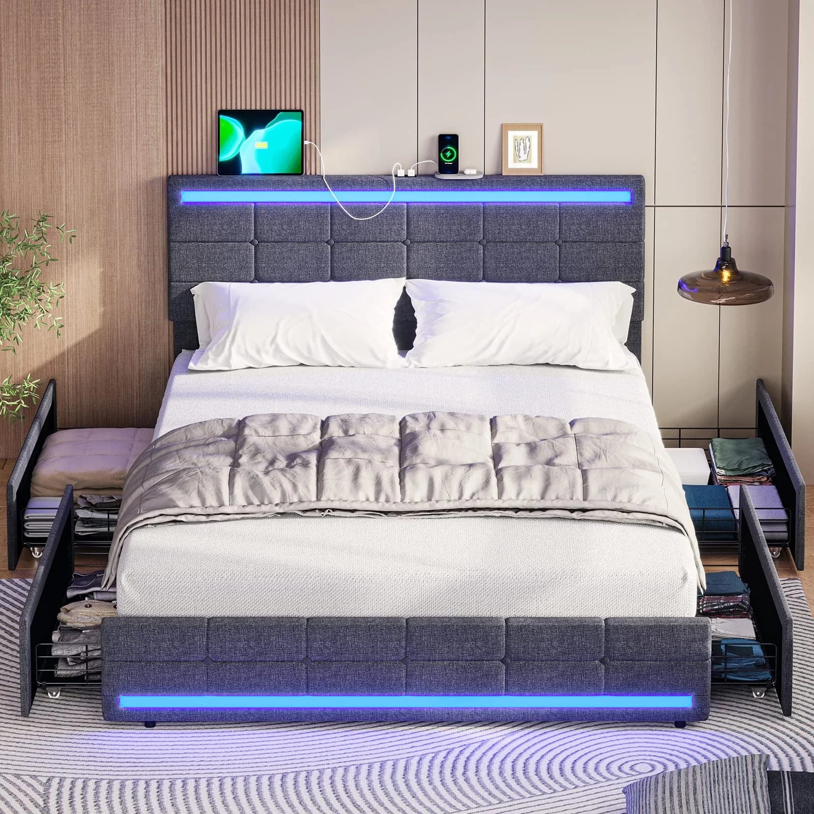 Full Size Bed Frame with 4 Storage Drawers, Platform Bed Frame with 2 USB Ports, Upholstered Bed with LED Headboard Footboard, Square Stitched Button Tufted Design, Dark Grey