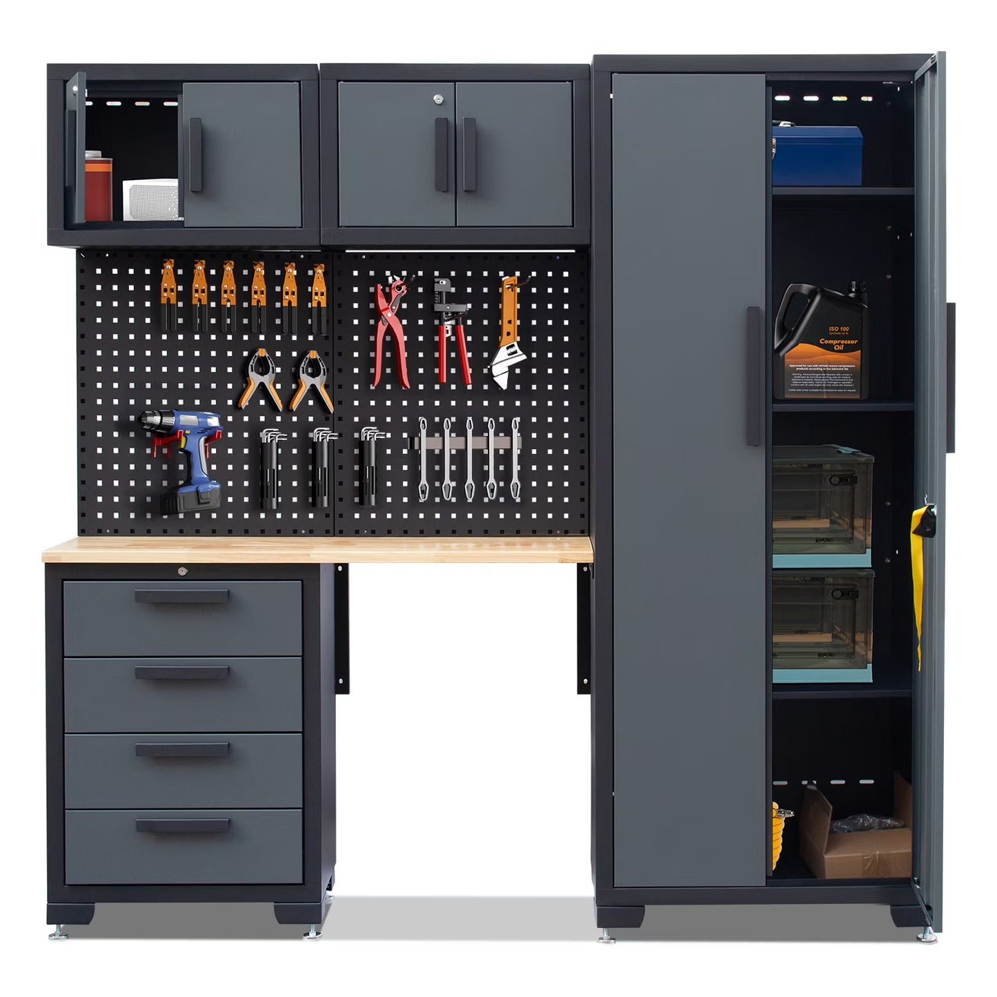 HPDMC Garage Storage Cabinet System 7-Pcs Workshop Set Metal Garage Cabinets System with Steel Cabinet Drawers, Workbench, Pegboard for Garage Tool Organization(7-Pcs Garage Cabinets)