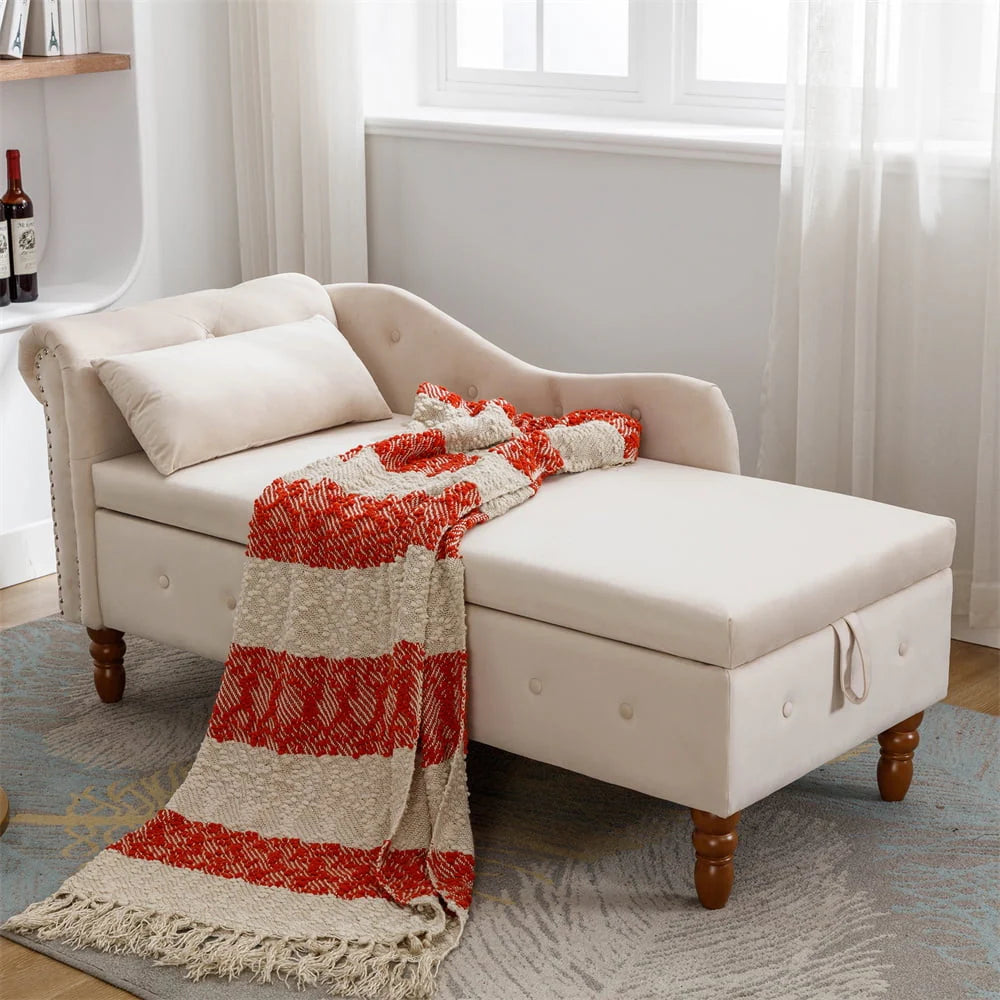 Storage Chaise Lounge, Upholstered Rolled Arm Chase Lounge with Nailhead Trim, Recliner Lounge Chair for Living Room Bedroom(Beige)