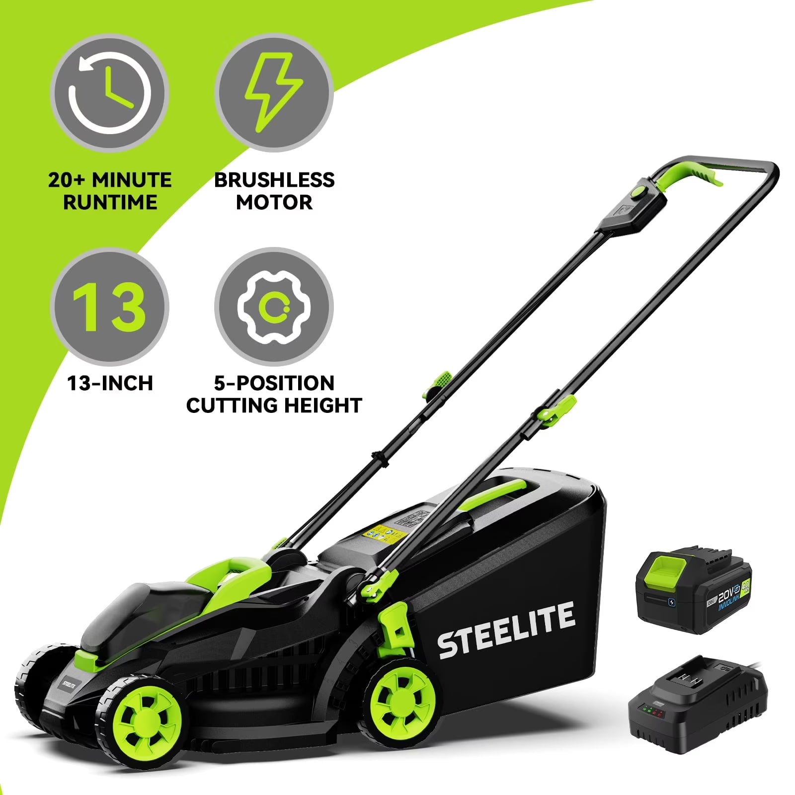 Steelite 13-Inch Cordless Lawn Mower, 21V Electric Lawn Mowers with Brushless Motor for Garden,5 Heights Adjustment, 4.0Ah Battery  Charger Included