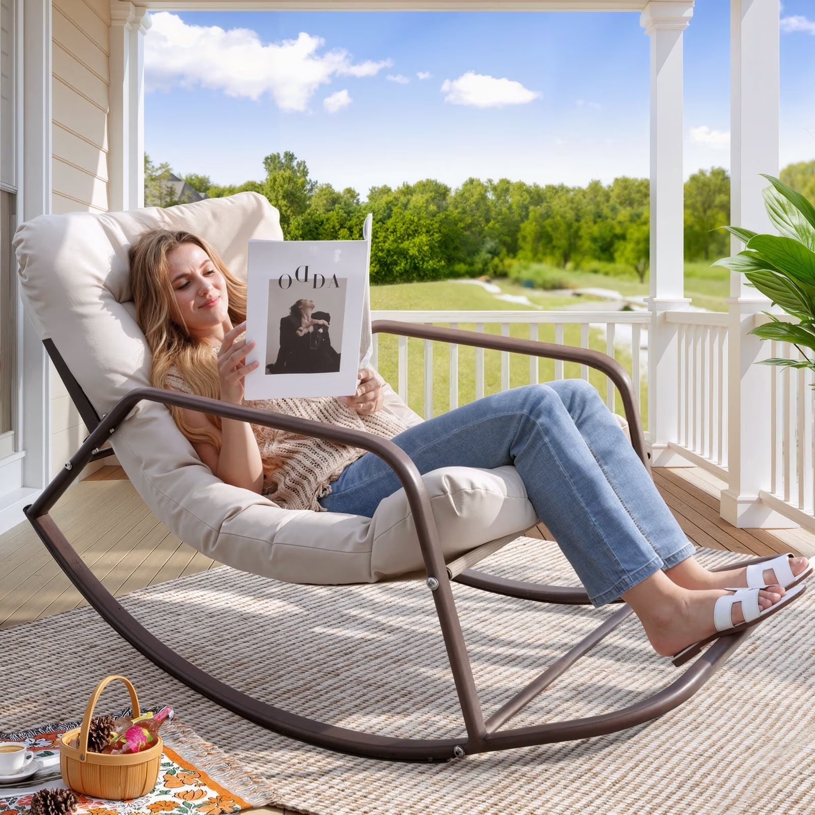 RADIATA Oversized Rocking Chair with Footrest, RADIATA Patio Papasan Rocking Recliner for Indoor Outdoor Use, Heavy Duty Wicker Lounge Chair, 450lbs, Beige(Beige/Single)