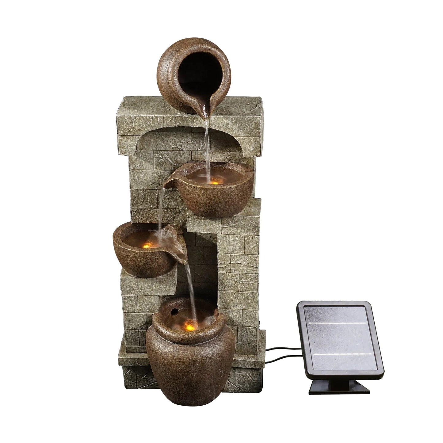 Teamson Home 28.5" Solar Powered 4-Tier Cascading Bowls  Stacked Stones Garden Water Fountain with LED Lights, Brown