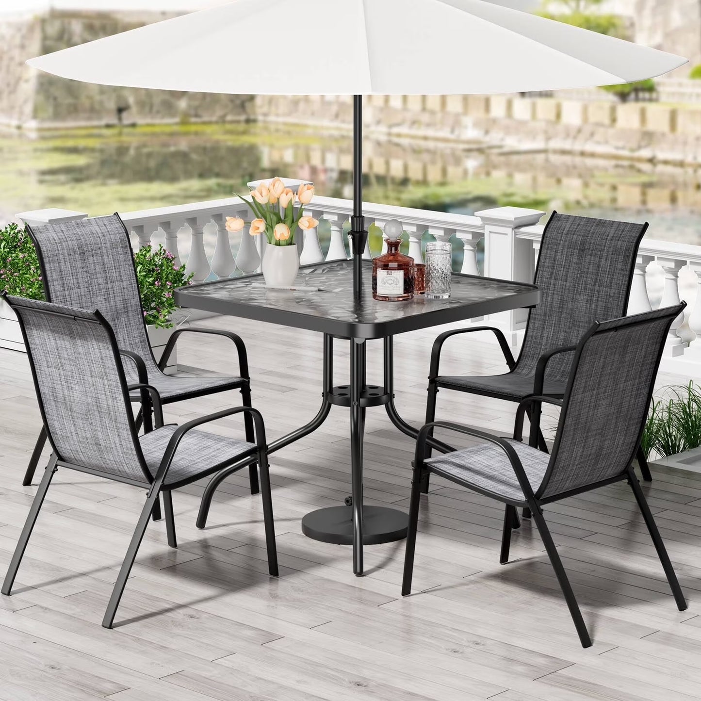 Pirecart 5-Piece Outdoor Patio Dining Table Set with 4 Stackable Textilene Chairs for for Patio, Lawn, Garden, Gray(Gray)