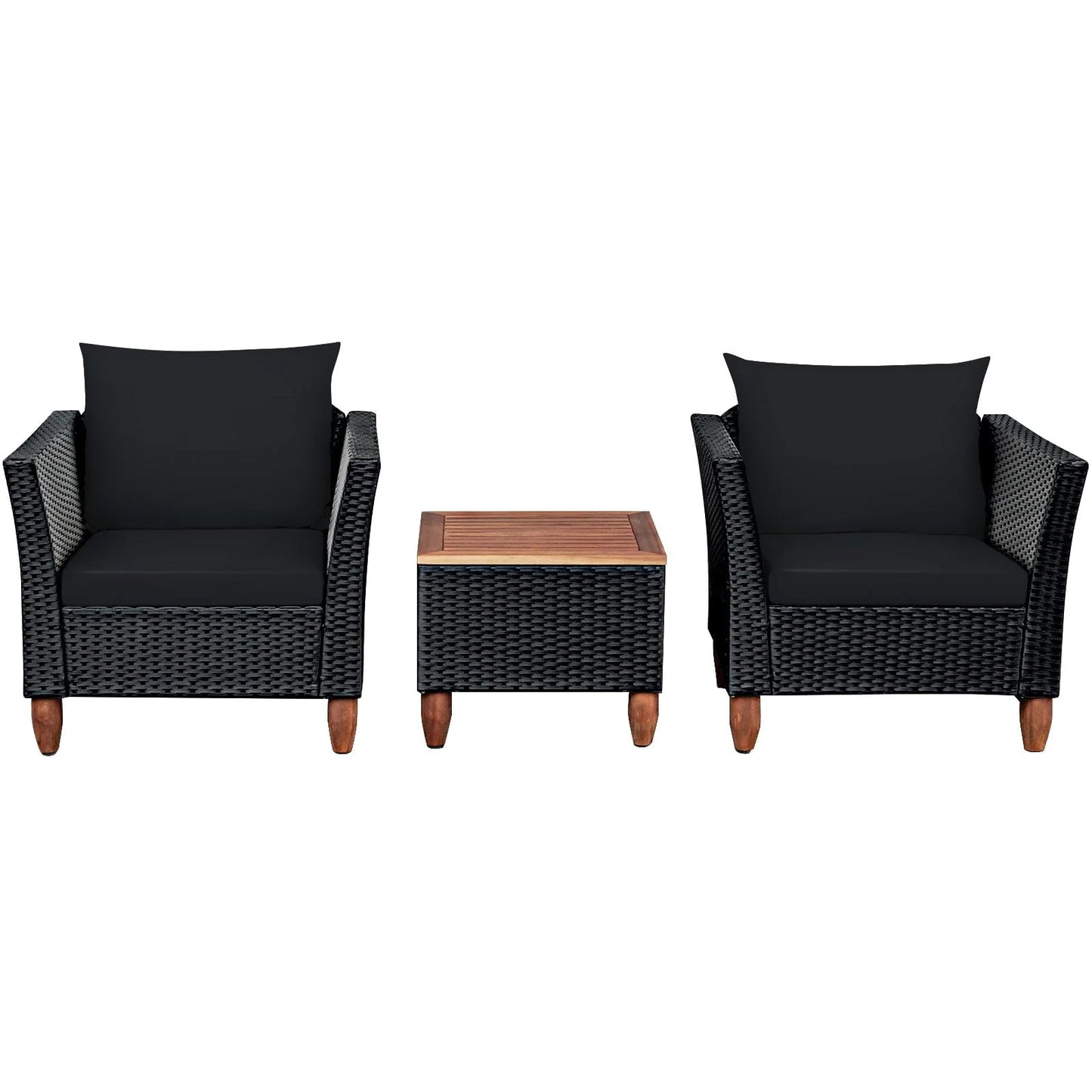 Costway 3PCS Outdoor Patio Rattan Furniture Set Wooden Table Top Cushioned Sofa Navy(Black)
