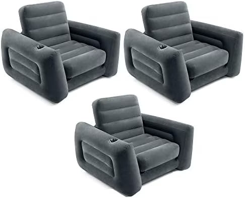 2 in 1 Inflatable Pull Out Sofa Chair and Twin Air Bed Mattress with Cup Holders for Indoor and Outdoor Use for Adults (3 Pack), Charcoal