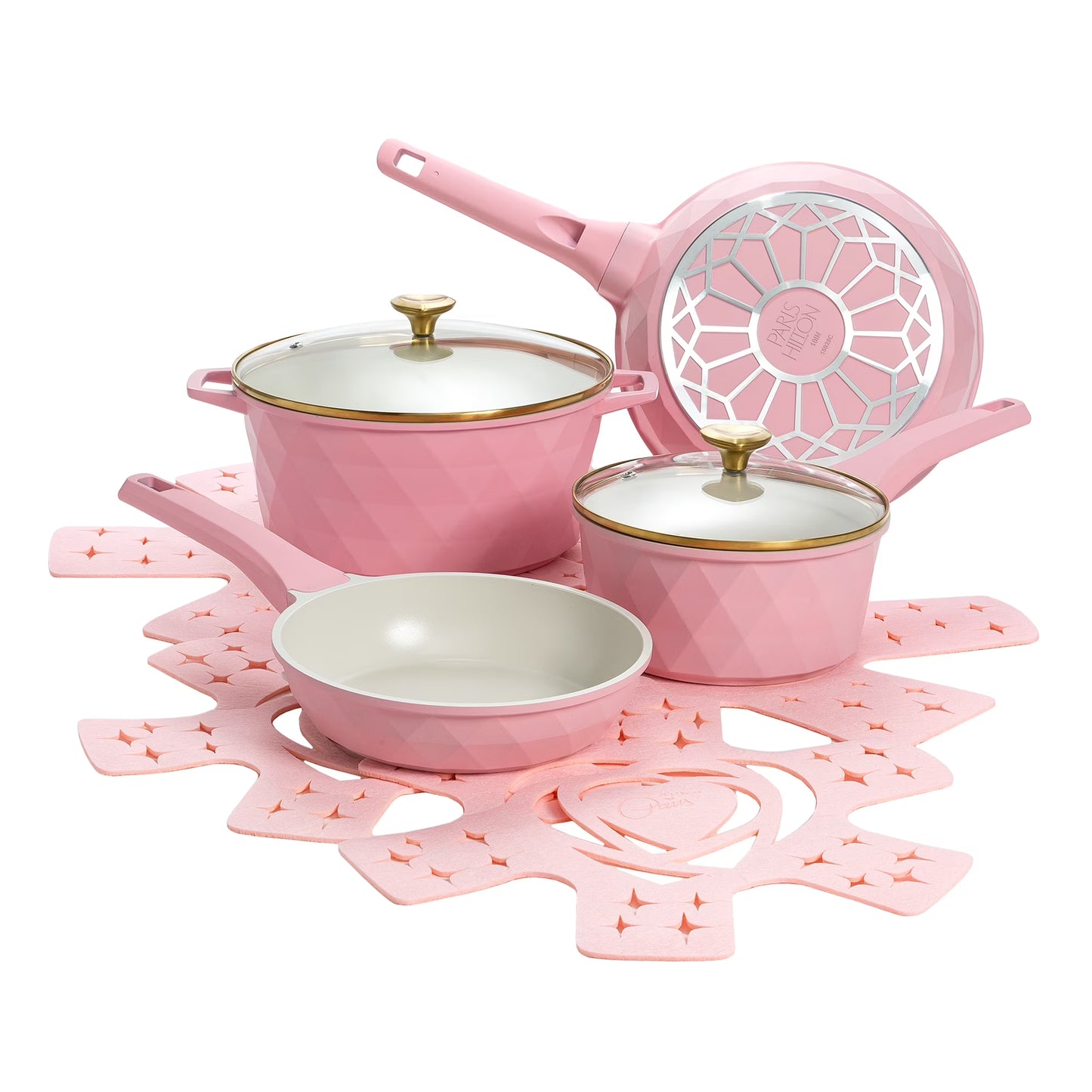 Paris Hilton 10-Piece Ceramic Nonstick Cast Aluminum Cookware Set, Clean Ceramic? Coating, Faceted Pink Design(Pink)