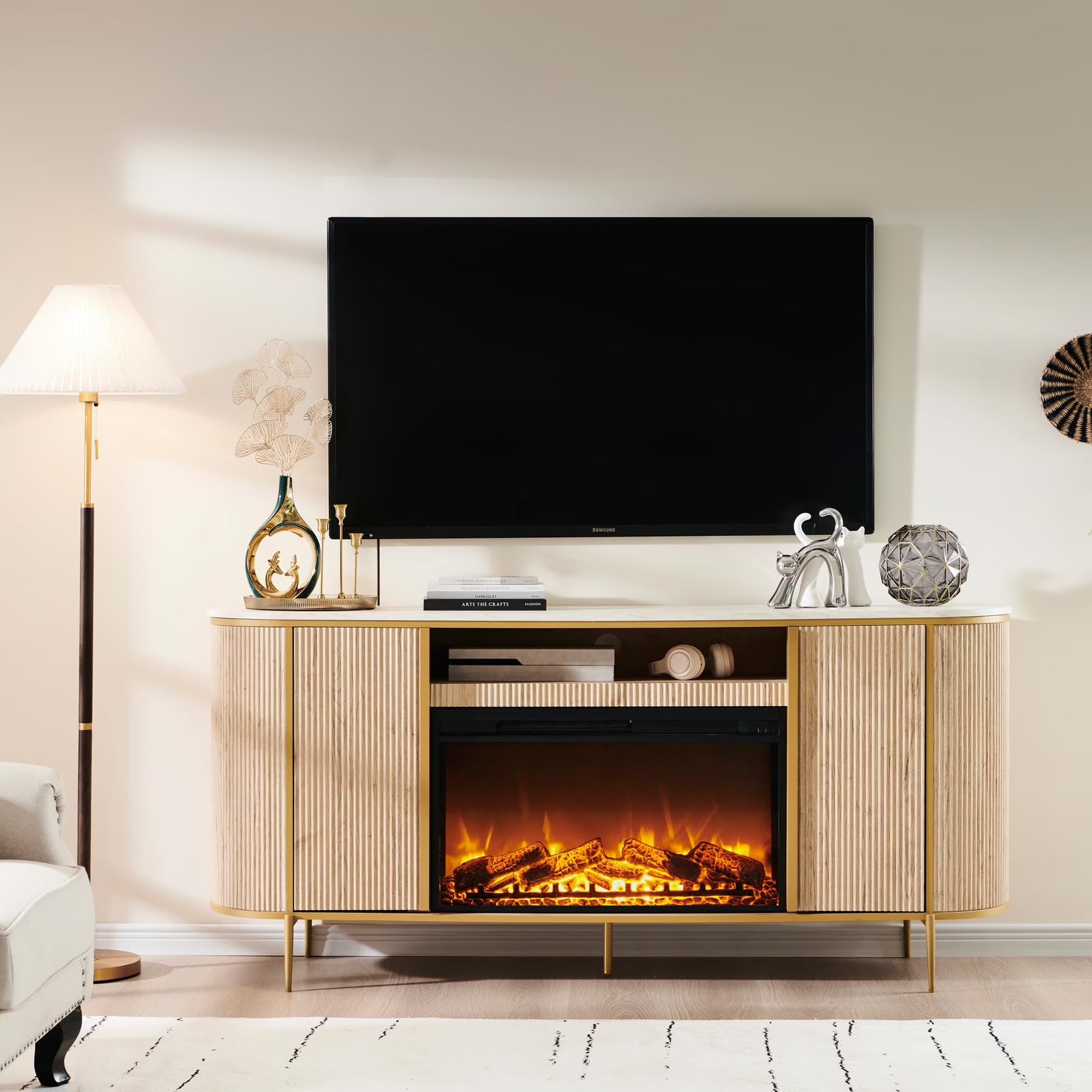 OKD Luxury Fireplace TV Stand for TVs Up to 80 inches, 70" Modern Fluted Entertainment Center with Electric Fireplace, Media Console TV Stand for Living Room,Natural Oak(Natural Oak)