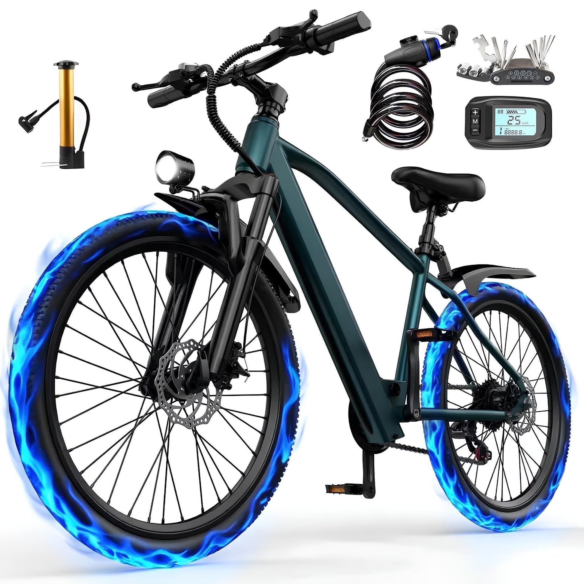 26" Electric Bike for Adult,400W Motor,Top Speed 25MPH,40Miles Long Range,City Commuting E-bicycle With Front Fork Suspension, Dual Disc Brakes(Green)