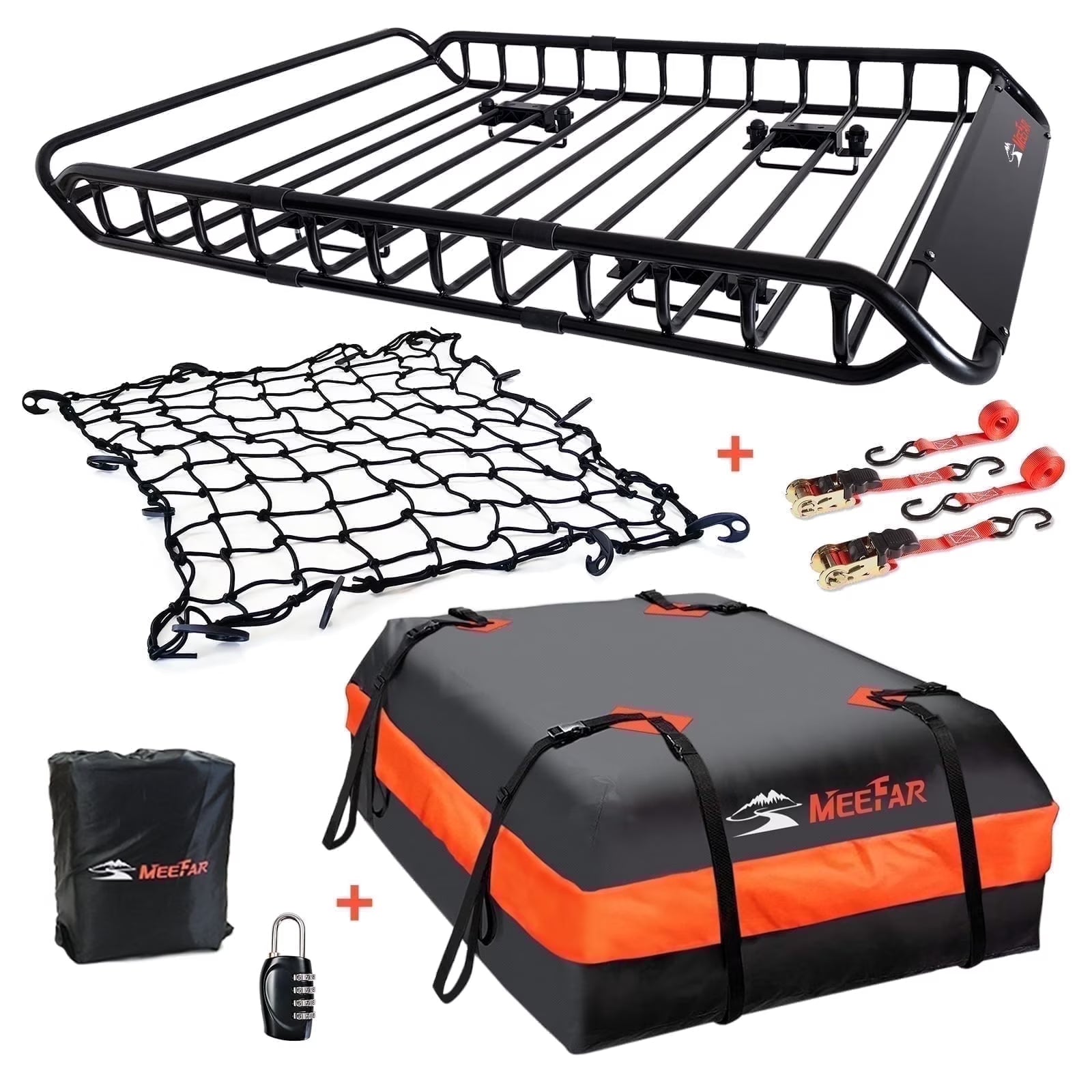 MeeFar Universal Rooftop Roof Rack Steel Cargo Carrier Basket Size 51" X 36" X 5" + Soft Shell Waterproof Cargo Bag 15 Cu.ft (44" 34" 17") Combo
