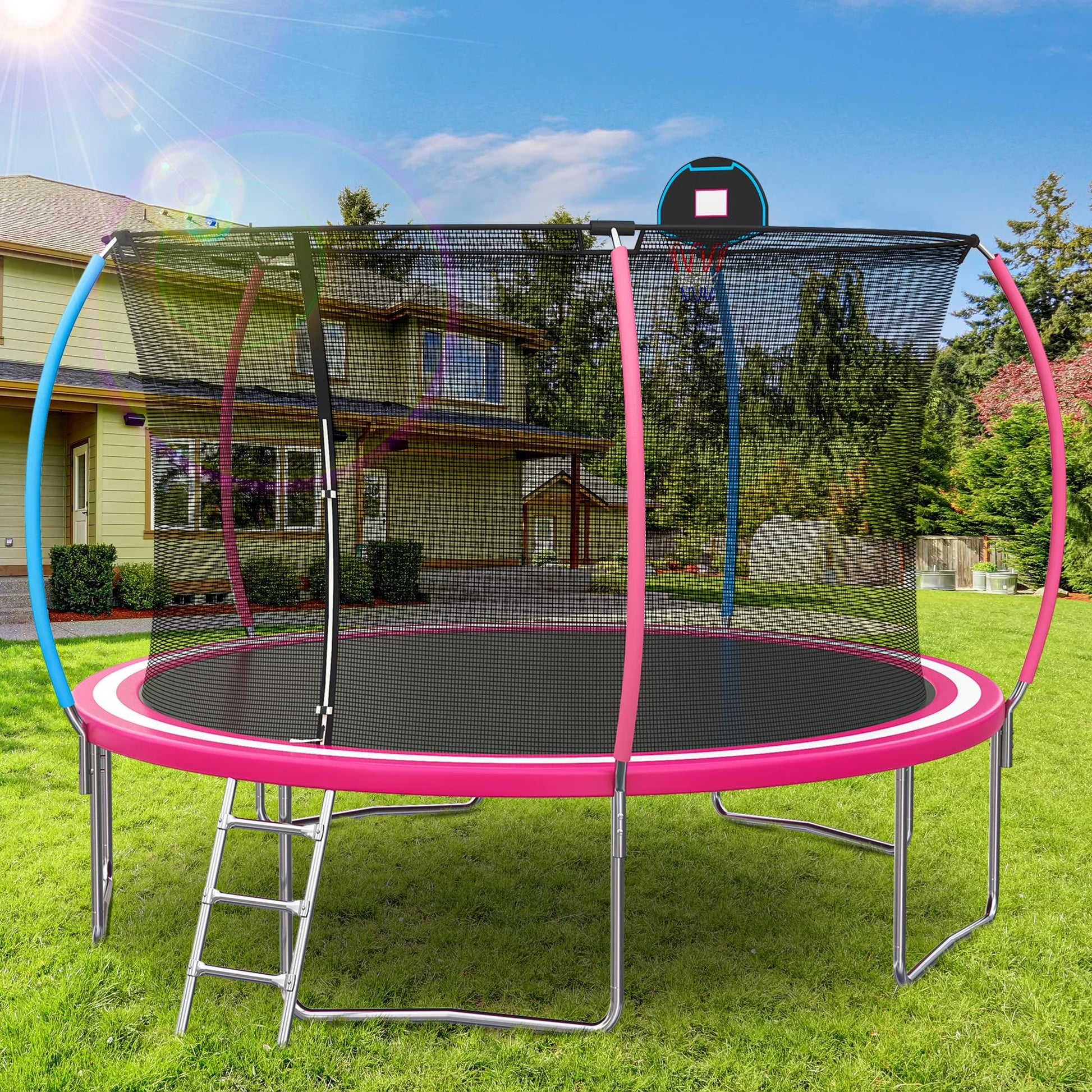 Trampoline Outdoor, 14FT Kids Trampoline with Enclosure Net and Ladder, Upgrade All-Weather Round Trampoline Curved Design with 5 Heavy-Duty Steel Legs(14')
