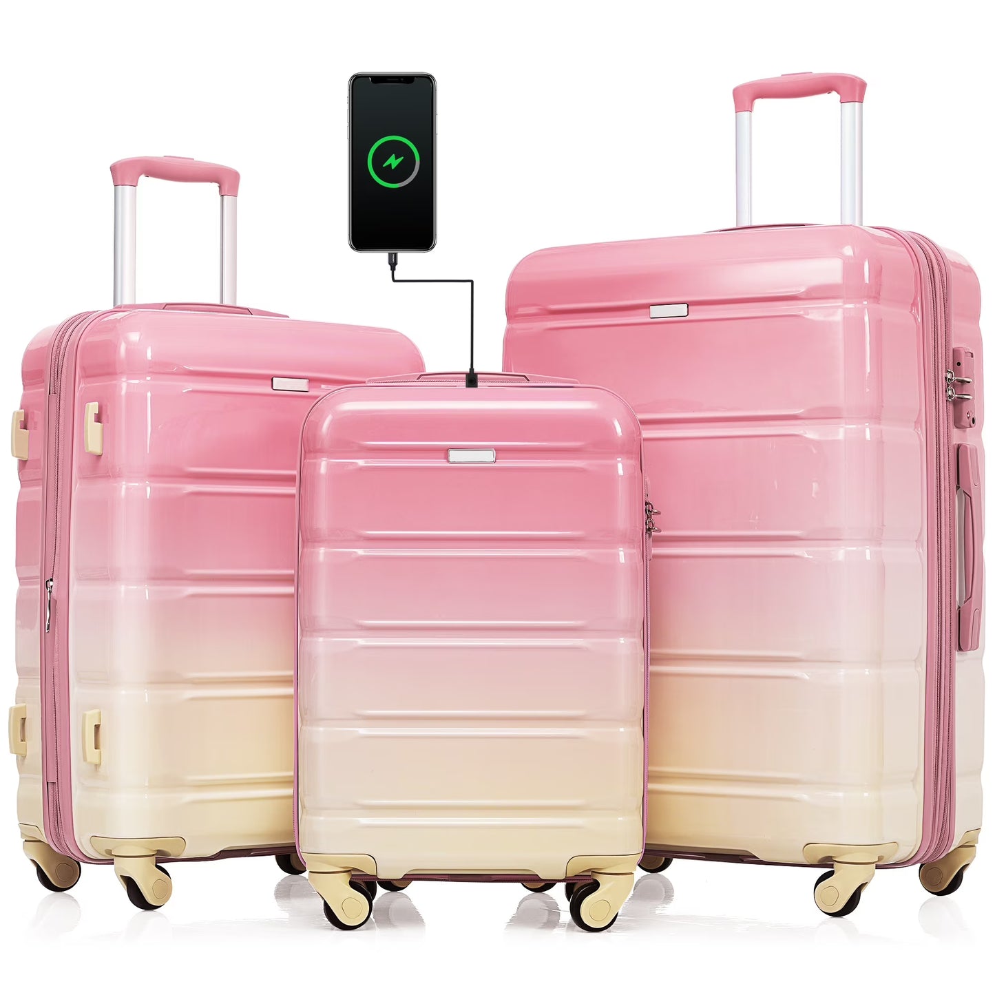 PAPROOS 3-Piece Luggage Set (20''/24''/28''), Hardshell Lightweight Suitcase with USB Port and Side Hooks, Travel Luggage with TSA-Lock, Hardside Rolling Luggage for School, Travel, Pink(Pink)