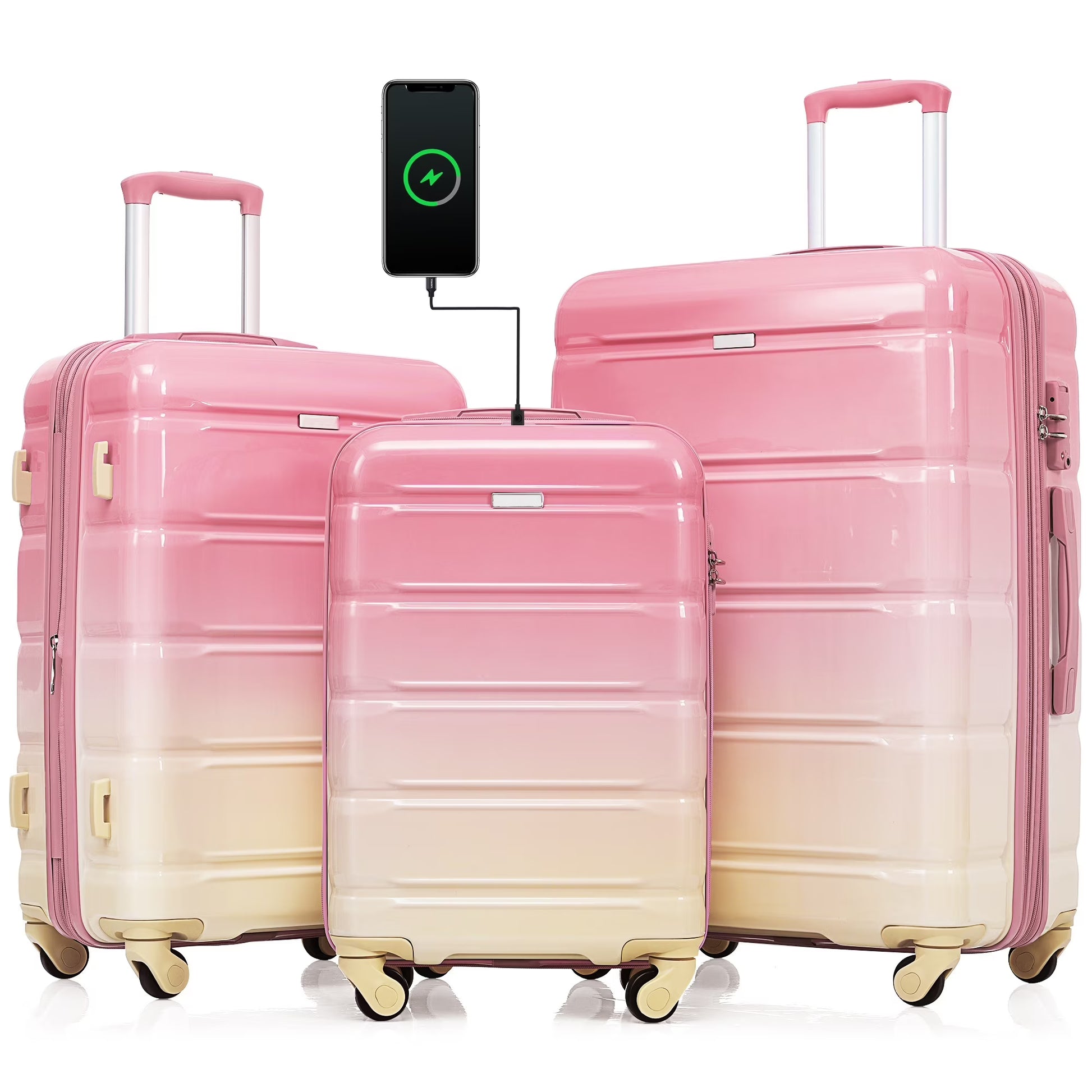 PAPROOS 3-Piece Luggage Set (20''/24''/28''), Hardshell Lightweight Suitcase with USB Port and Side Hooks, Travel Luggage with TSA-Lock, Hardside Rolling Luggage for School, Travel, Pink(Pink)