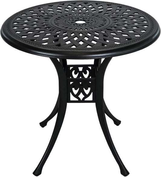 30.3 Inch Round Patio Table Cast Aluminum Patio Table,Metal Patio Dining Table with Umbrella Hole,All Weather Outdoor Bistro Dining Table for Backyard, Garden, Balcony, Black(Black)